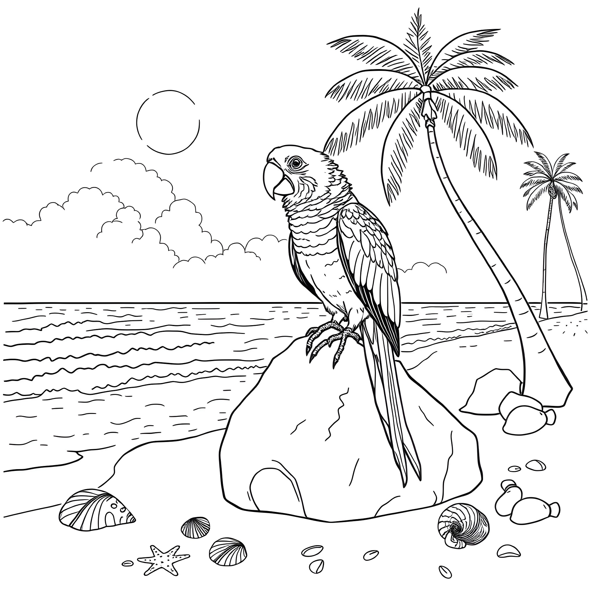 Parrot perched on a tropical beach scene Coloring Page (free black-and-white line drawing printable PDF for all, from beginners to advanced learners, including children, teens, adults, and seniors)
