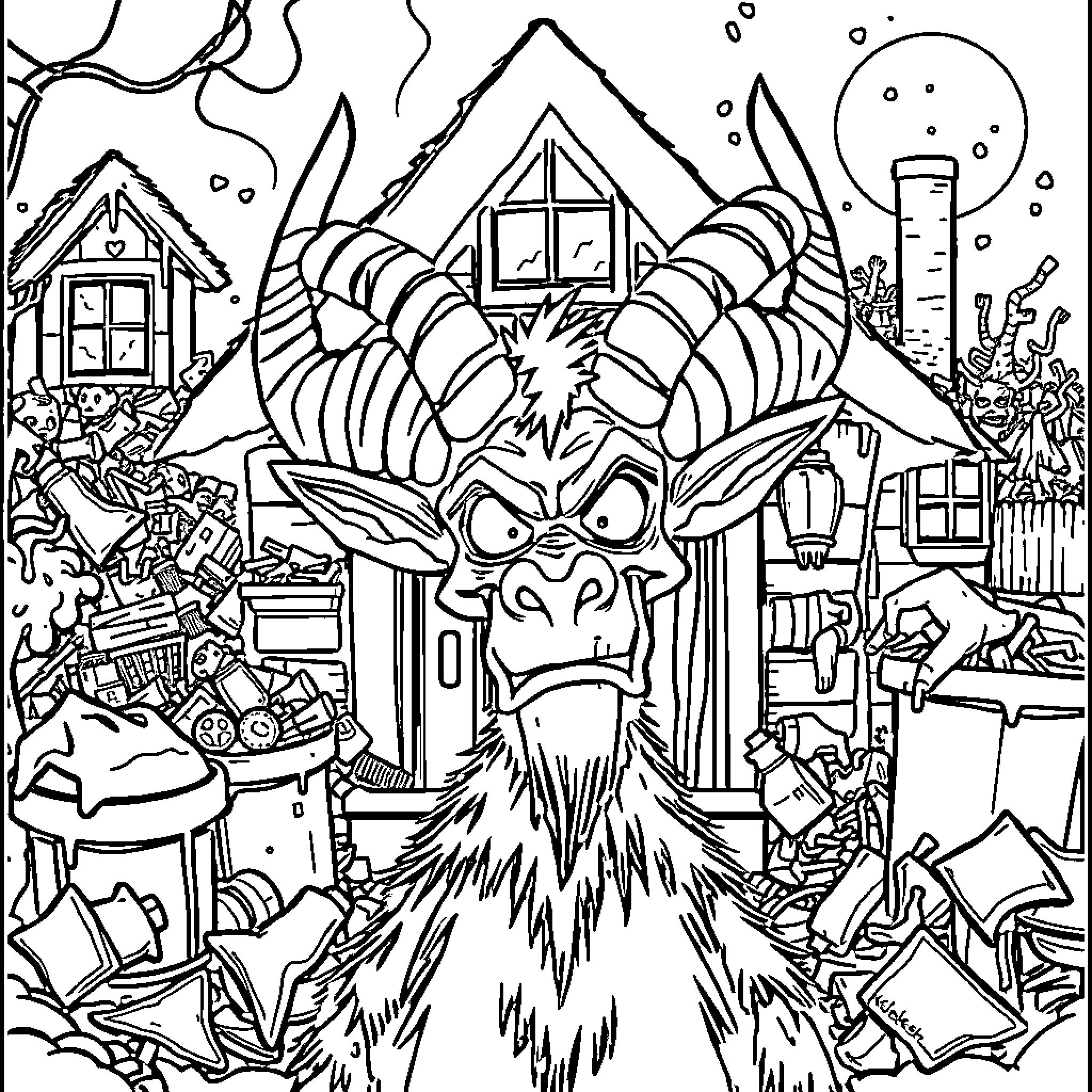 Krampus terrorizing a snowy village scene Coloring Page (free black-and-white line drawing printable PDF for all, from beginners to advanced learners, including children, teens, adults, and seniors)