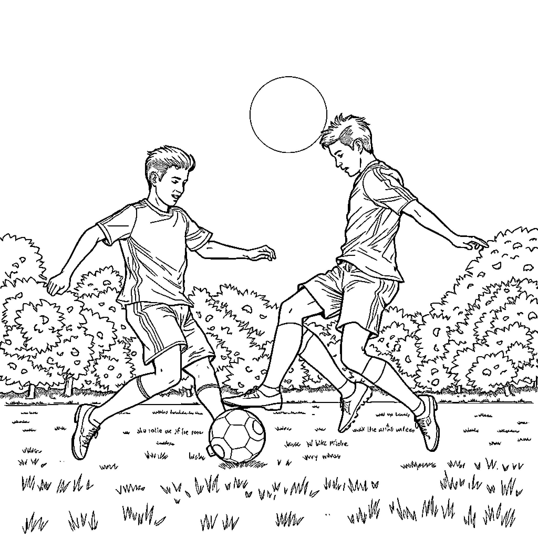 Futbol players kicking ball in outdoor setting Coloring Page (free black-and-white line drawing printable PDF for all, from beginners to advanced learners, including children, teens, adults, and seniors)