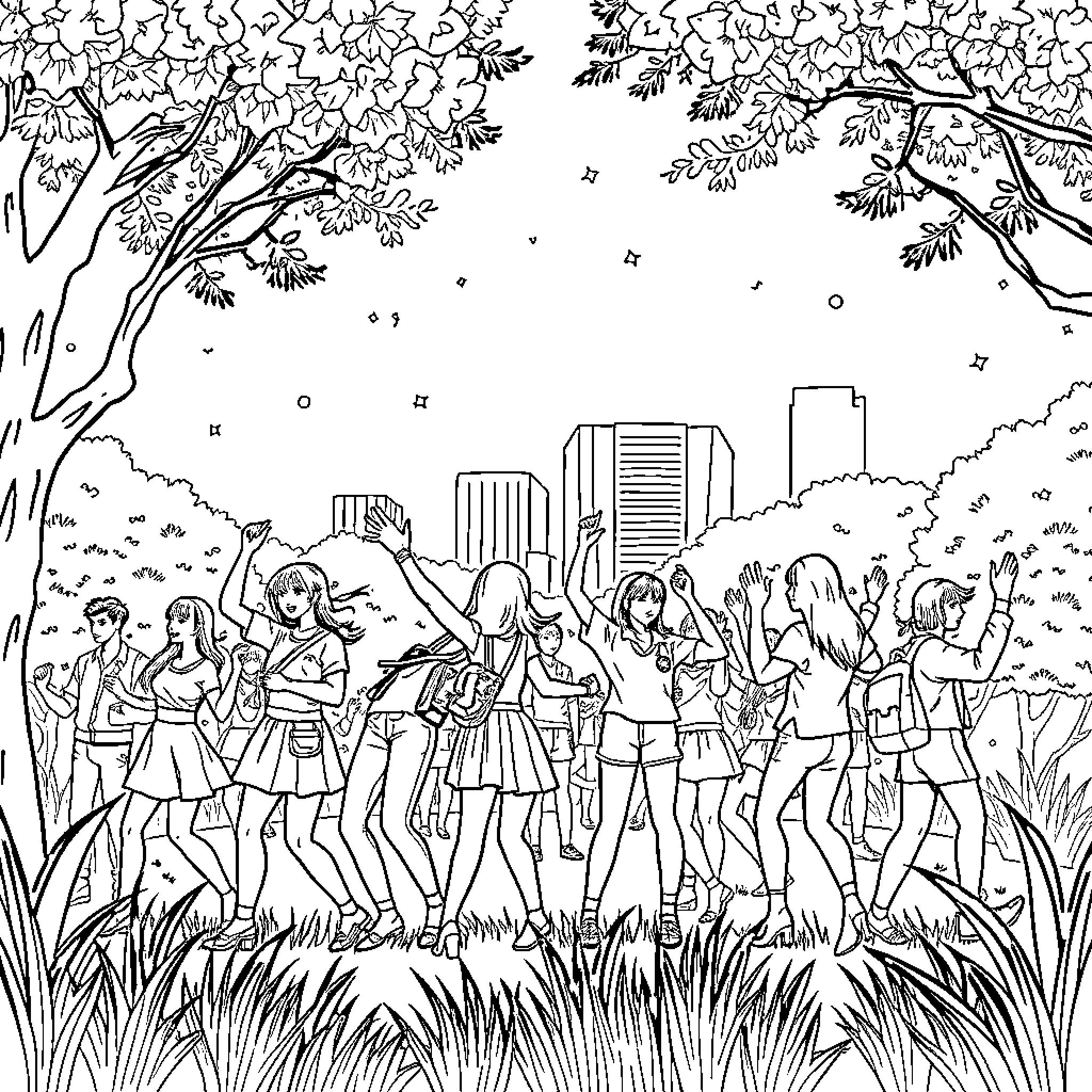 Kpop idols dancing in the park Coloring Page (free black-and-white line drawing printable PDF for all, from beginners to advanced learners, including children, teens, adults, and seniors)