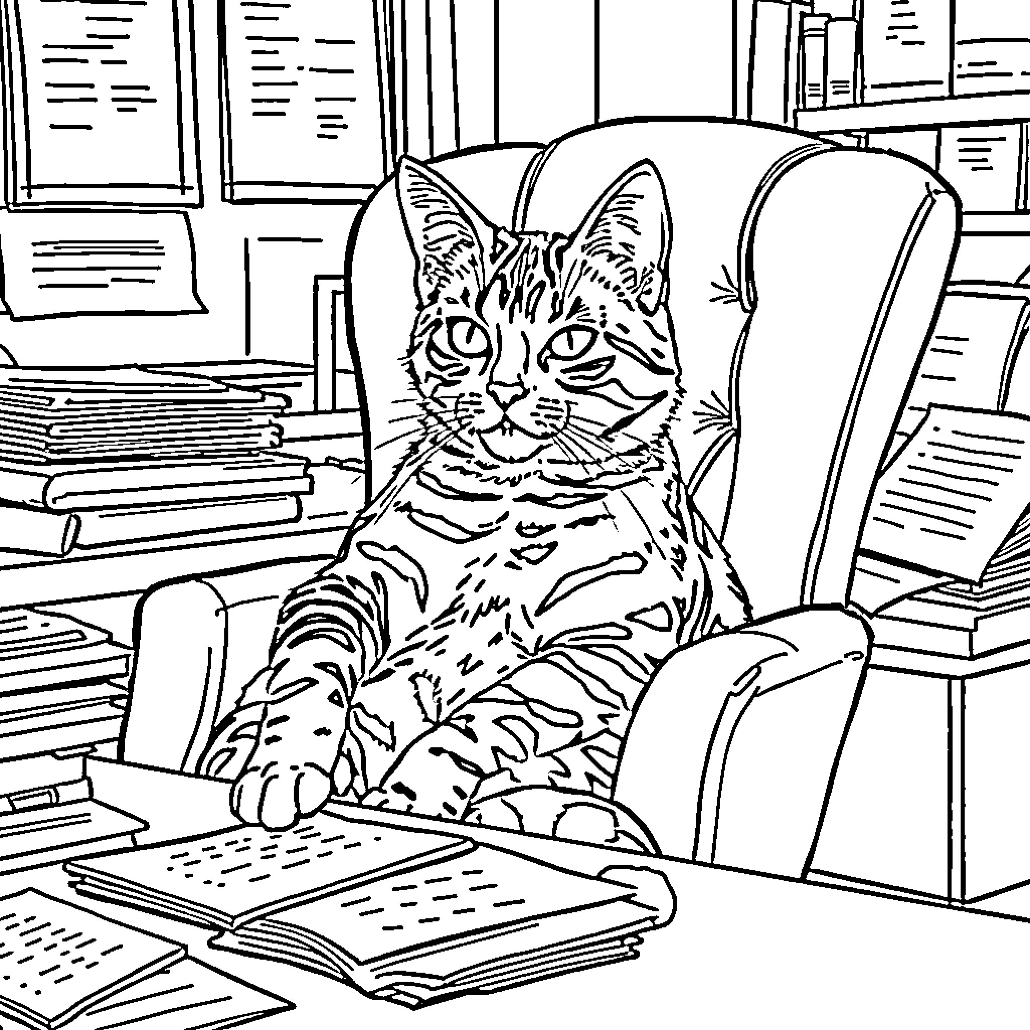 Bengal Cat Reading in a Cozy Study Coloring Page (free black-and-white line drawing printable PDF for all, from beginners to advanced learners, including children, teens, adults, and seniors)