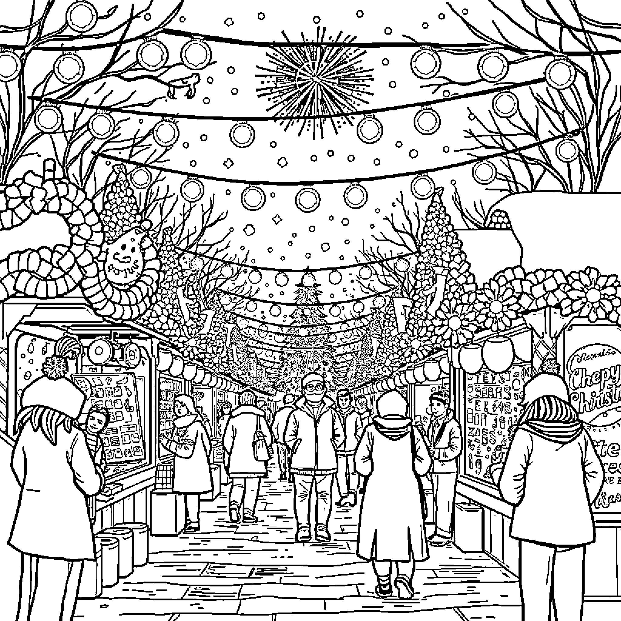 Christmas in the Enchanted Winter Wonderland Coloring Page (free black-and-white line drawing printable PDF for all, from beginners to advanced learners, including children, teens, adults, and seniors)