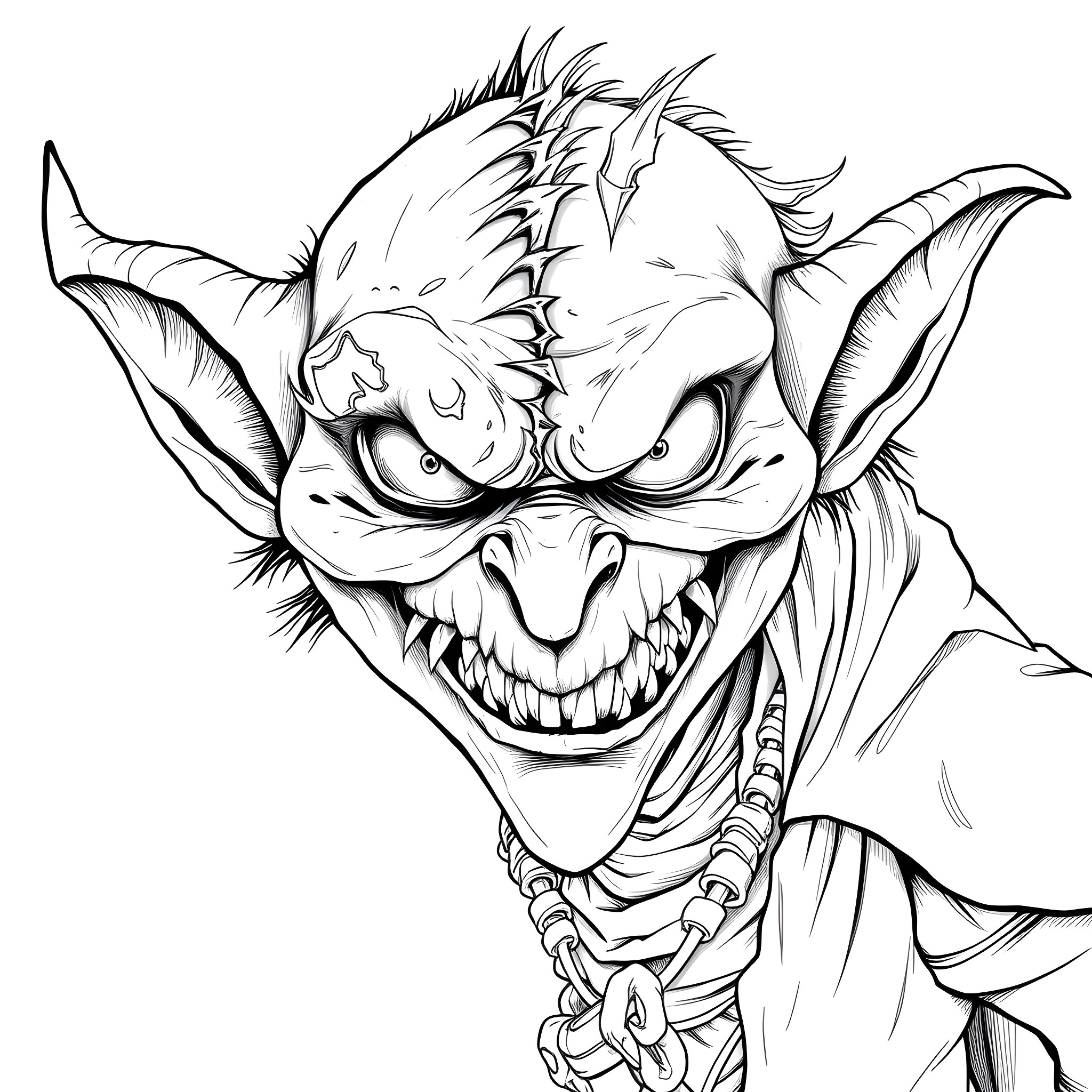 Two-Faced Goblin with Malicious Grin and Sharp Teeth Coloring Page (free black-and-white line drawing printable PDF for all, from beginners to advanced learners, including children, teens, adults, and seniors)