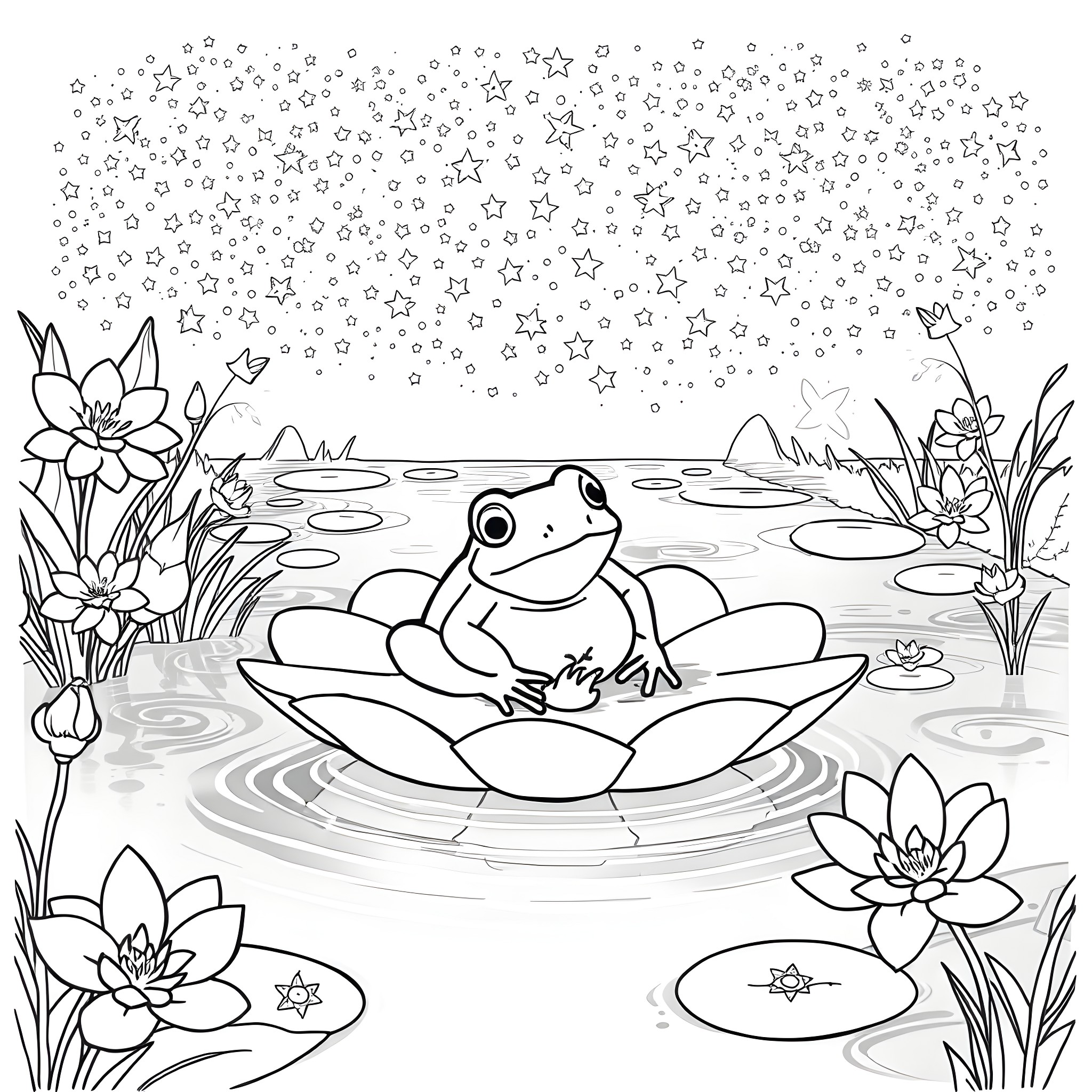 Frog resting peacefully on a lily pad under a starry sky Coloring Page (free black-and-white line drawing printable PDF for all, from beginners to advanced learners, including children, teens, adults, and seniors)