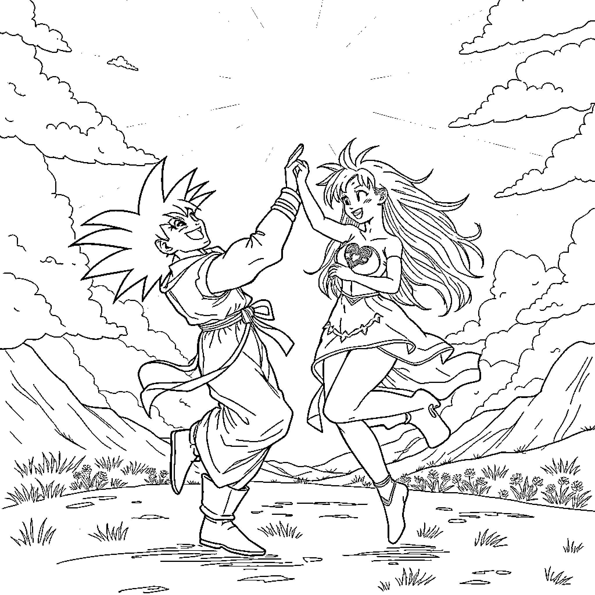 Goku and female character engaged in action or combat Coloring Page (free black-and-white line drawing printable PDF for all, from beginners to advanced learners, including children, teens, adults, and seniors)