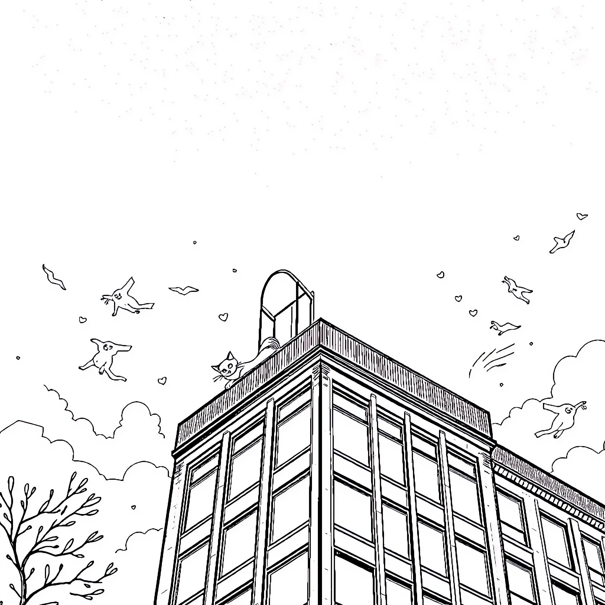Cat Perched Atop Tall Building in Cityscape Coloring Page (free black-and-white line drawing printable PDF for all, from beginners to advanced learners, including children, teens, adults, and seniors)