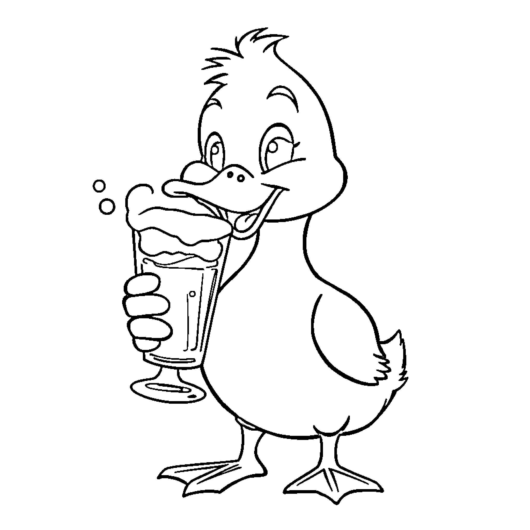 Duck enjoying a refreshing drink Coloring Page (free black-and-white line drawing printable PDF for all, from beginners to advanced learners, including children, teens, adults, and seniors)