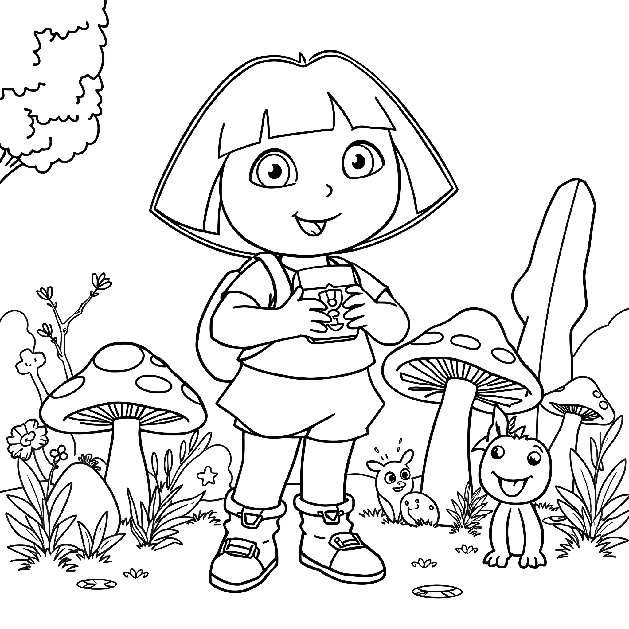 Dora exploring the forest with animal friends Coloring Page (free black-and-white line drawing printable PDF for all, from beginners to advanced learners, including children, teens, adults, and seniors)