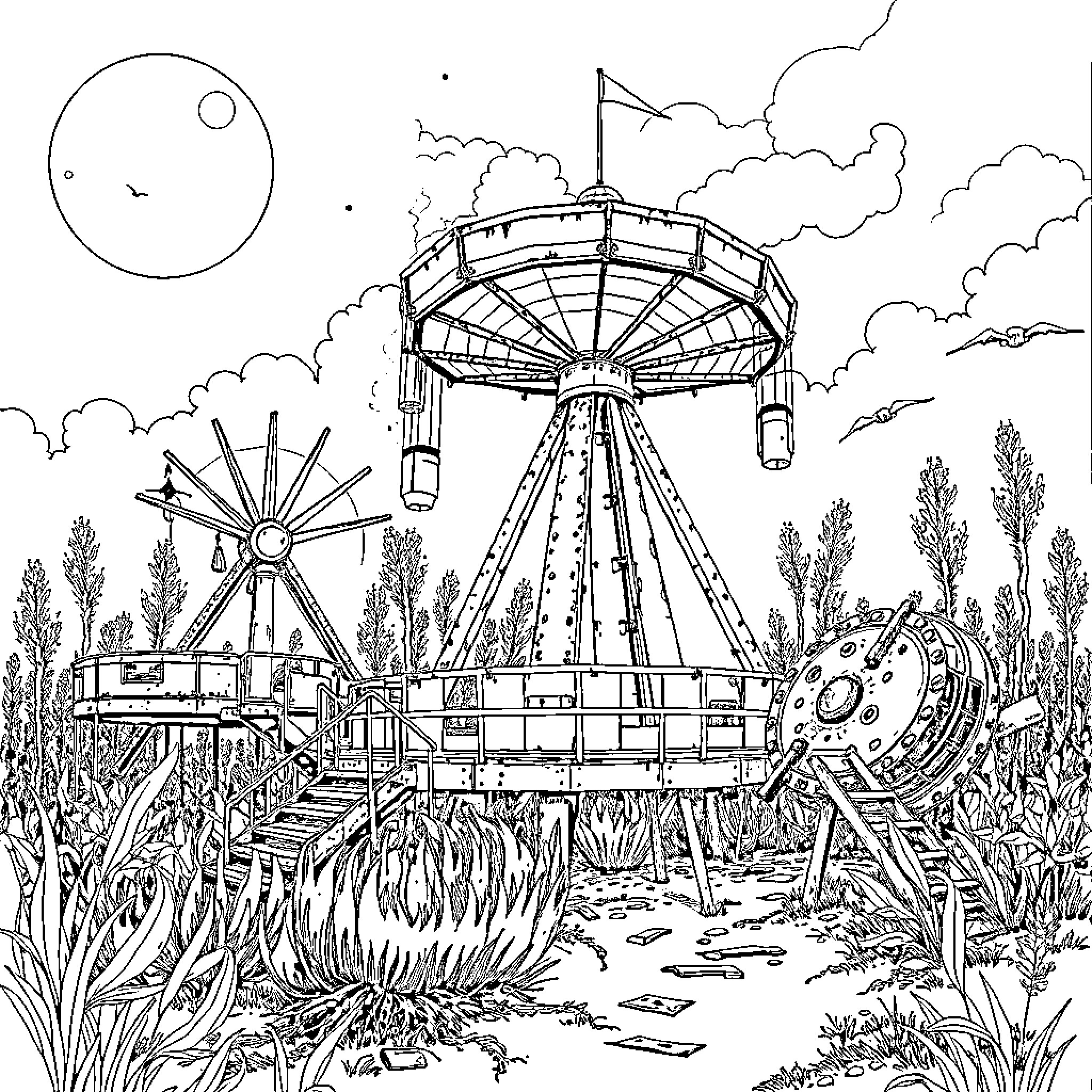 Funfair with Ferris Wheel and Whimsical Structures Coloring Page (free black-and-white line drawing printable PDF for all, from beginners to advanced learners, including children, teens, adults, and seniors)