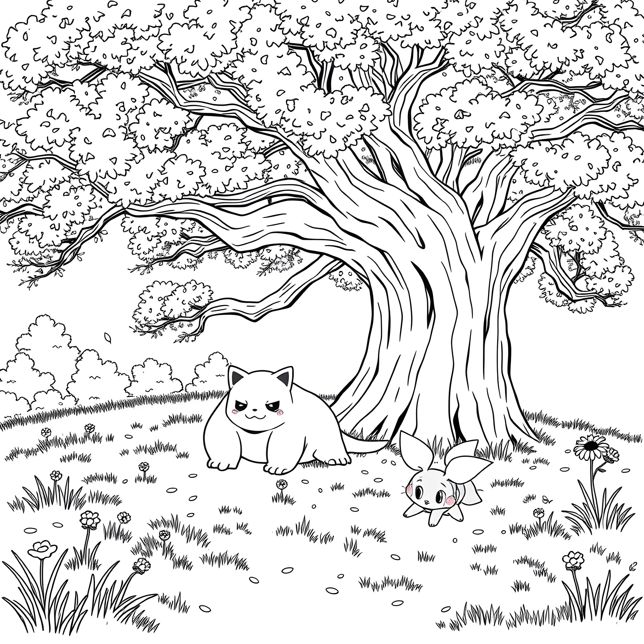 Snorlax napping under the big tree Coloring Page (free black-and-white line drawing printable PDF for all, from beginners to advanced learners, including children, teens, adults, and seniors)