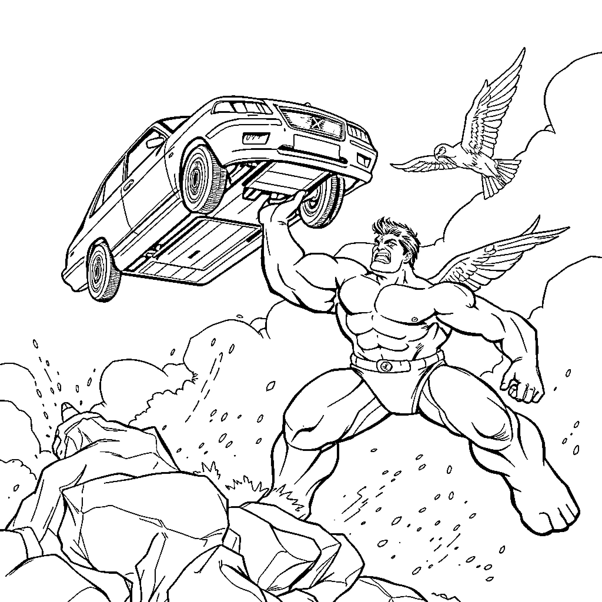 Hulk lifts car with winged figures in the sky Coloring Page (free black-and-white line drawing printable PDF for all, from beginners to advanced learners, including children, teens, adults, and seniors)