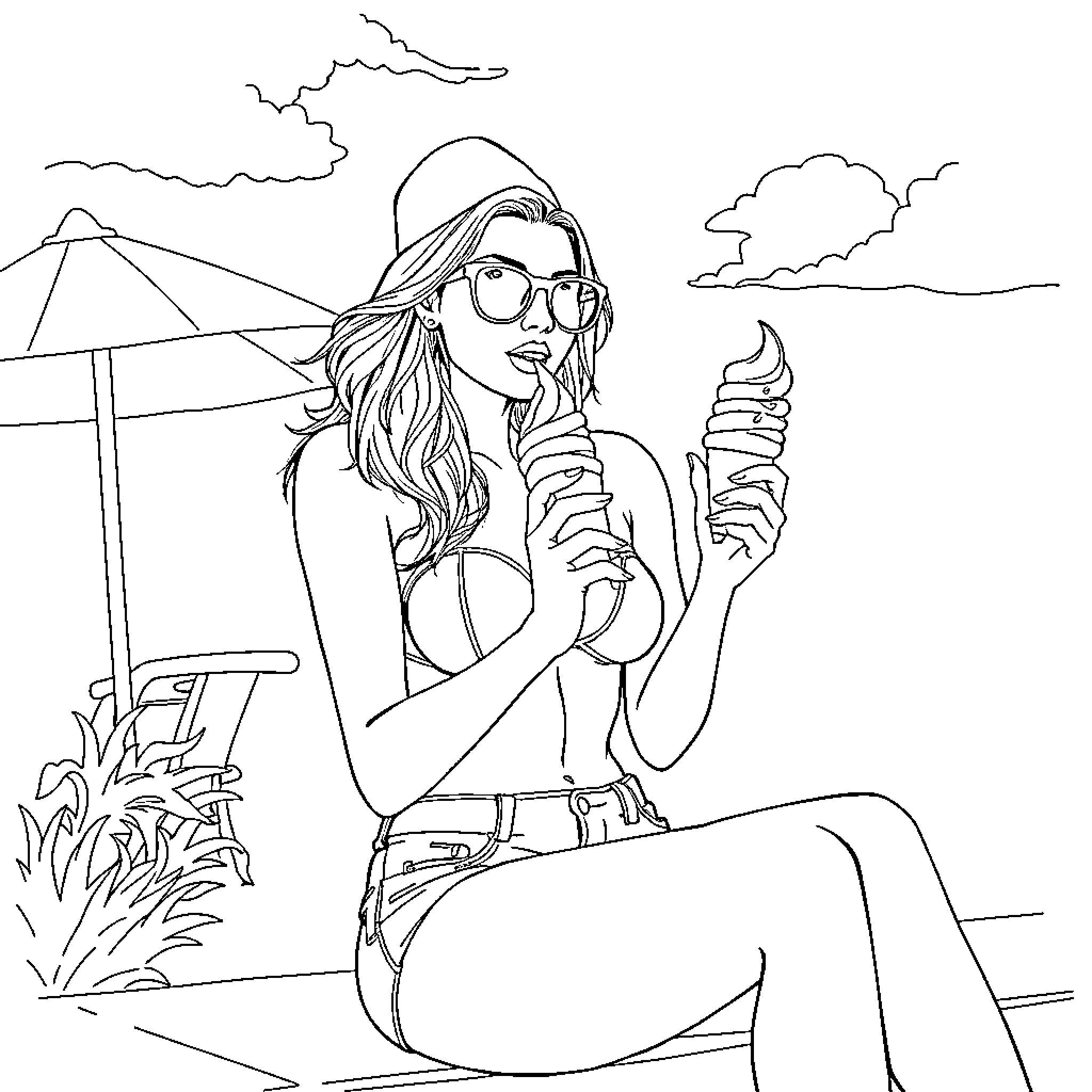 Model Enjoying Ice Cream at Outdoor Beach Scene Coloring Page (free black-and-white line drawing printable PDF for all, from beginners to advanced learners, including children, teens, adults, and seniors)