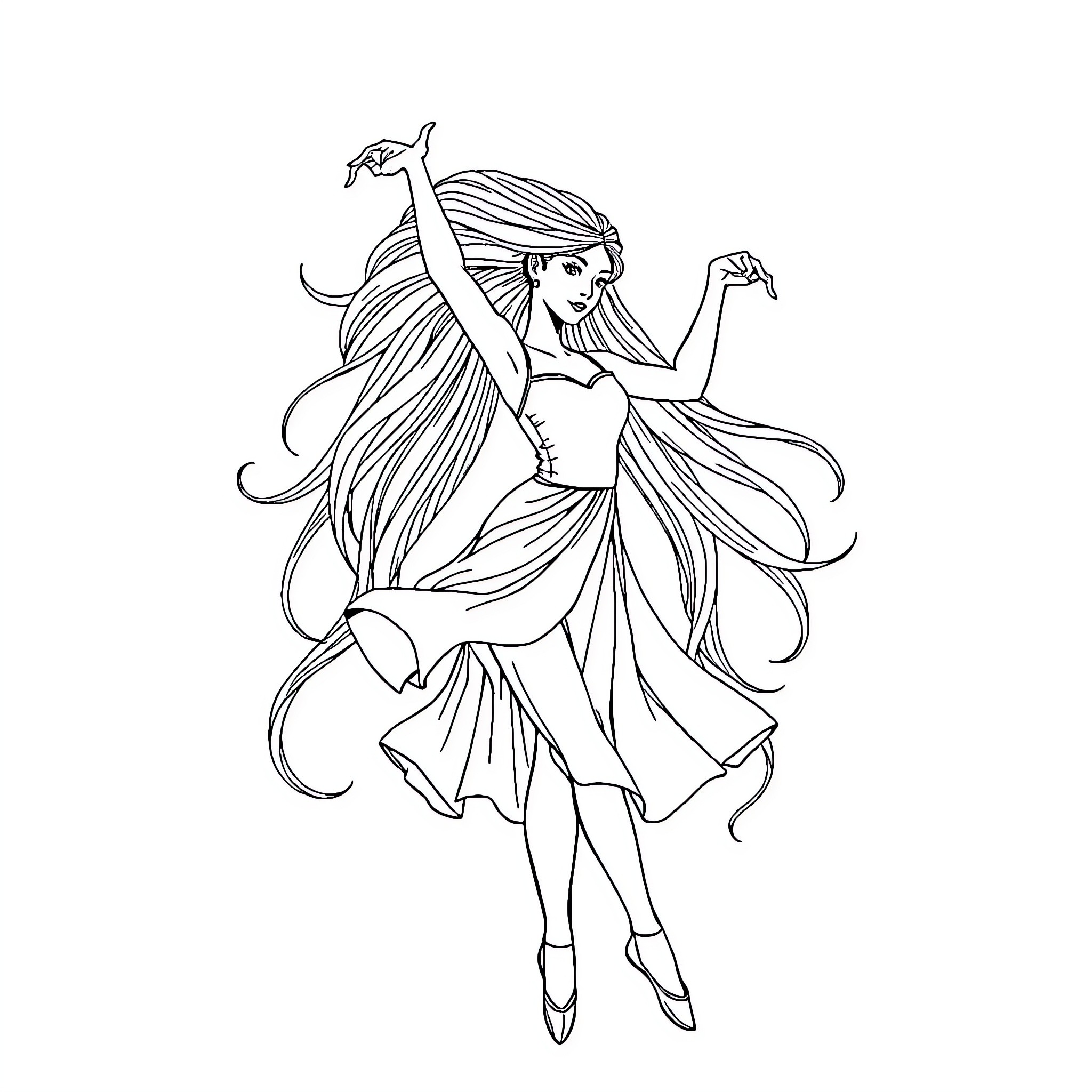 Dancer performing graceful ballet in flowing dress Coloring Page (free black-and-white line drawing printable PDF for all, from beginners to advanced learners, including children, teens, adults, and seniors)