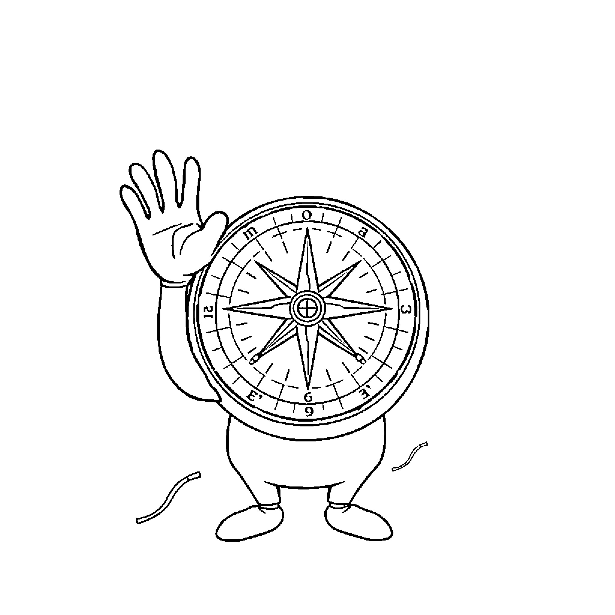 Compass character waving hand in greeting Coloring Page (free black-and-white line drawing printable PDF for all, from beginners to advanced learners, including children, teens, adults, and seniors)