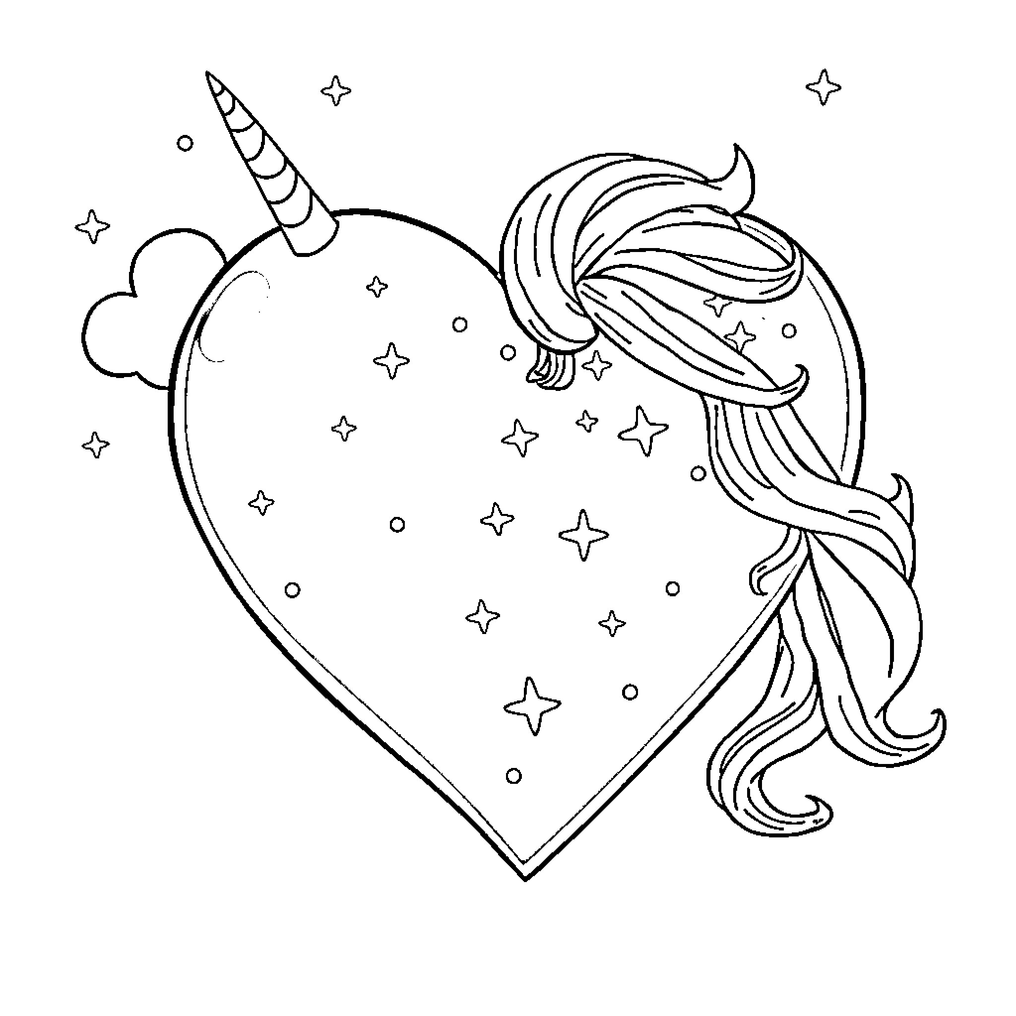 Corazon with Unicorn Horn and Sparkly Hair Coloring Page (free black-and-white line drawing printable PDF for all, from beginners to advanced learners, including children, teens, adults, and seniors)