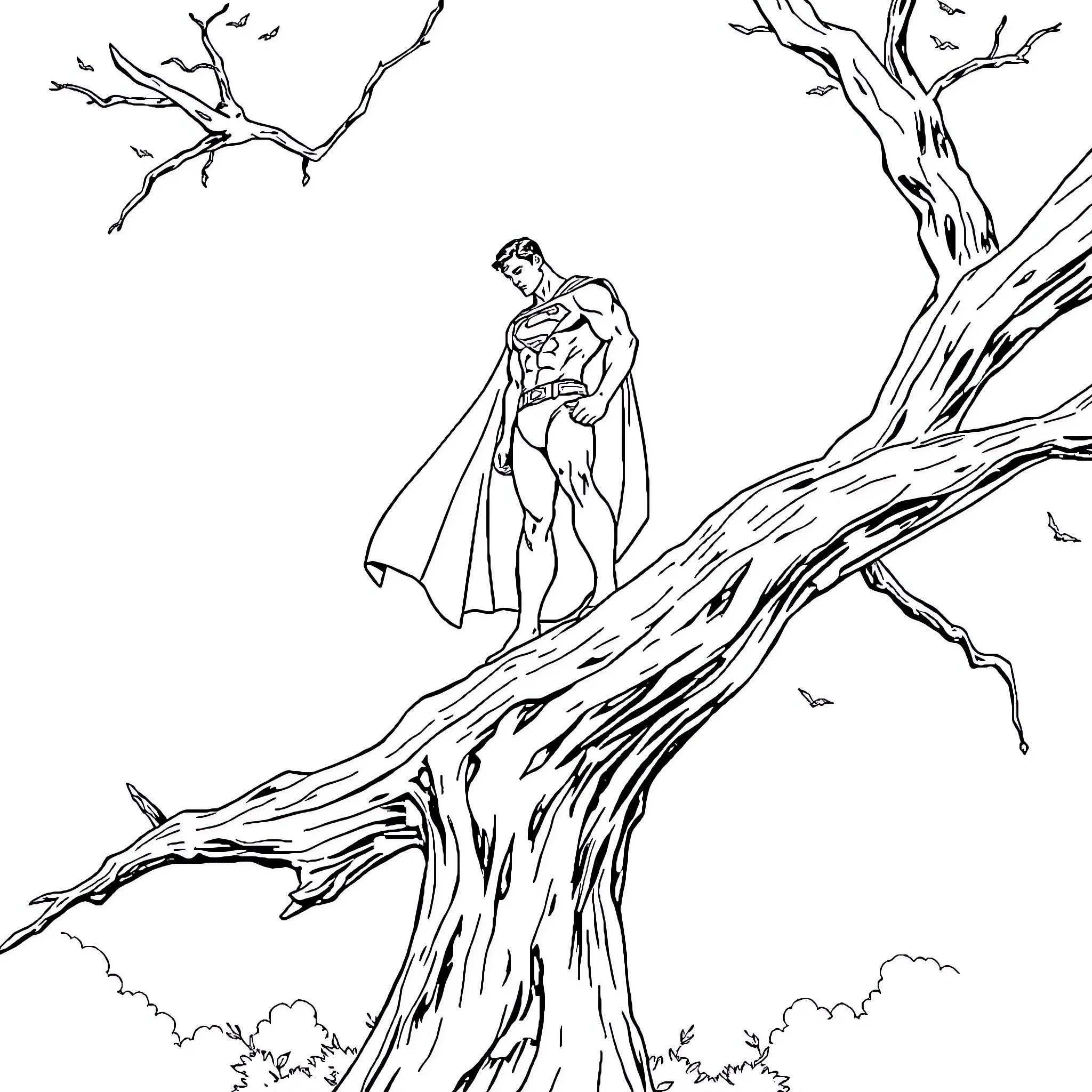 Superman standing tall amid bare trees Coloring Page (free black-and-white line drawing printable PDF for all, from beginners to advanced learners, including children, teens, adults, and seniors)