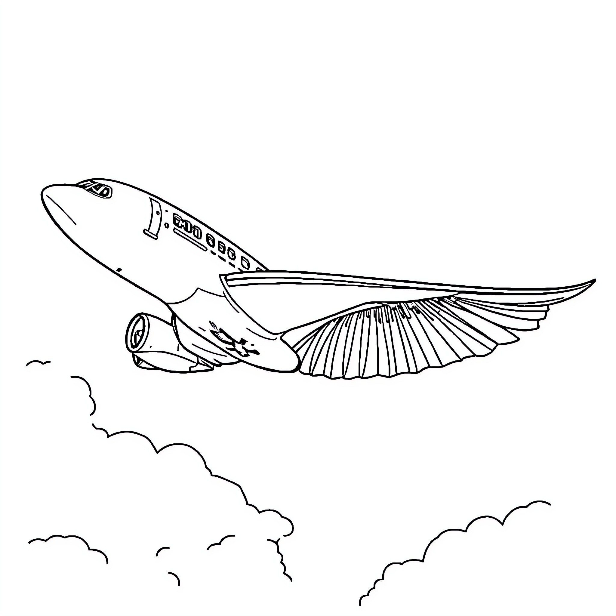 Airplane soaring gracefully through the sky Coloring Page (free black-and-white line drawing printable PDF for all, from beginners to advanced learners, including children, teens, adults, and seniors)