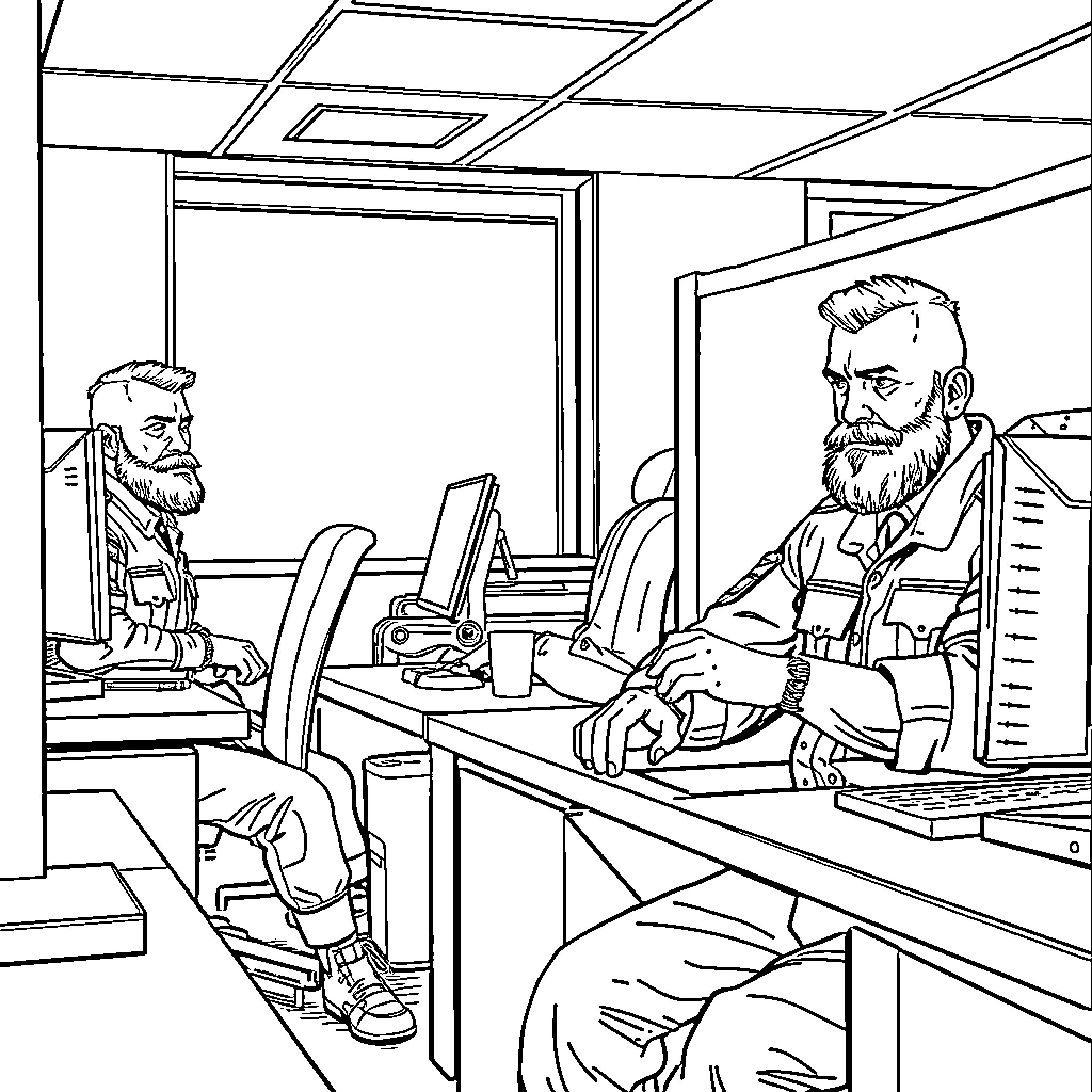 Soldiers working diligently at their desks Coloring Page (free black-and-white line drawing printable PDF for all, from beginners to advanced learners, including children, teens, adults, and seniors)