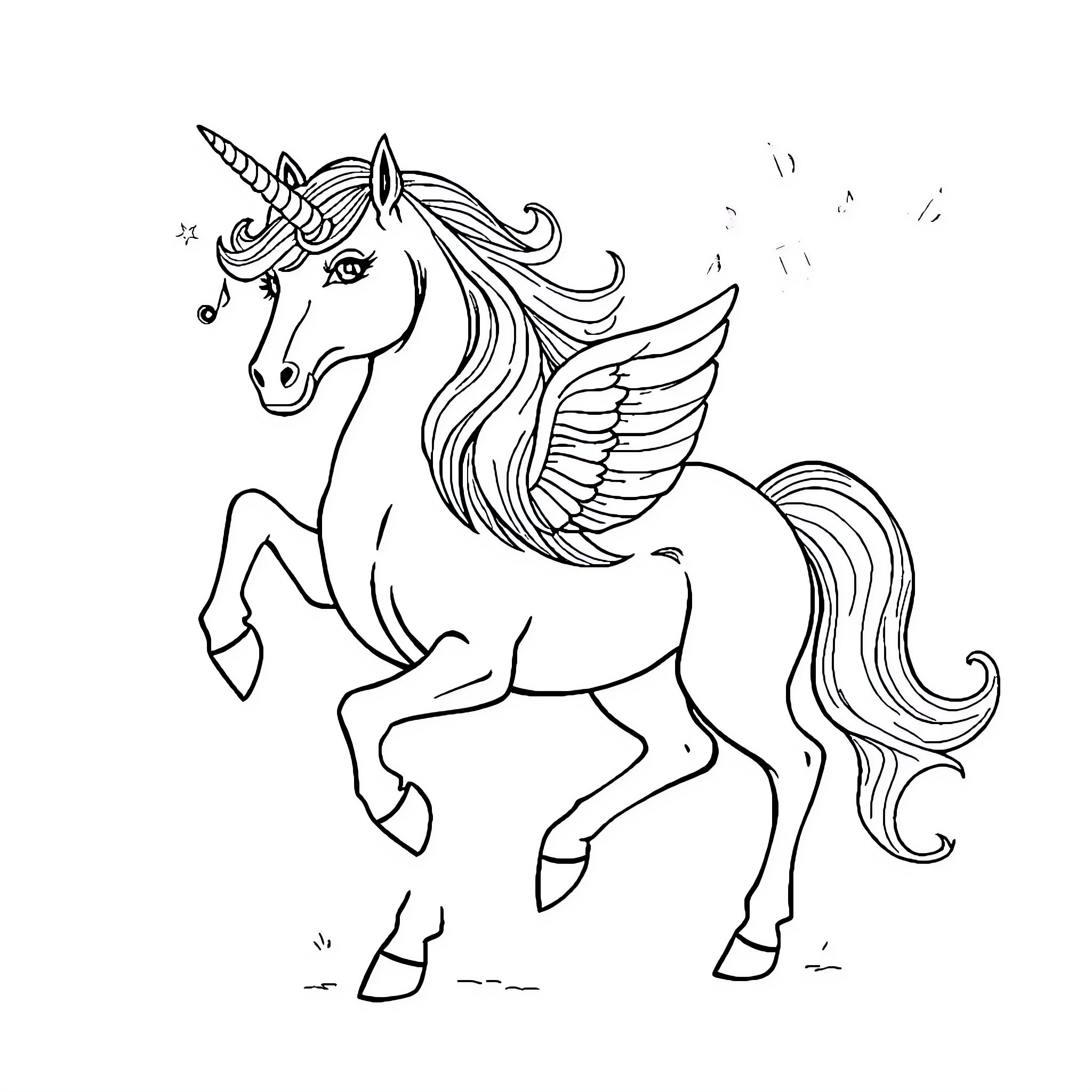 Unicorn with wings galloping across the field Coloring Page (free black-and-white line drawing printable PDF for all, from beginners to advanced learners, including children, teens, adults, and seniors)