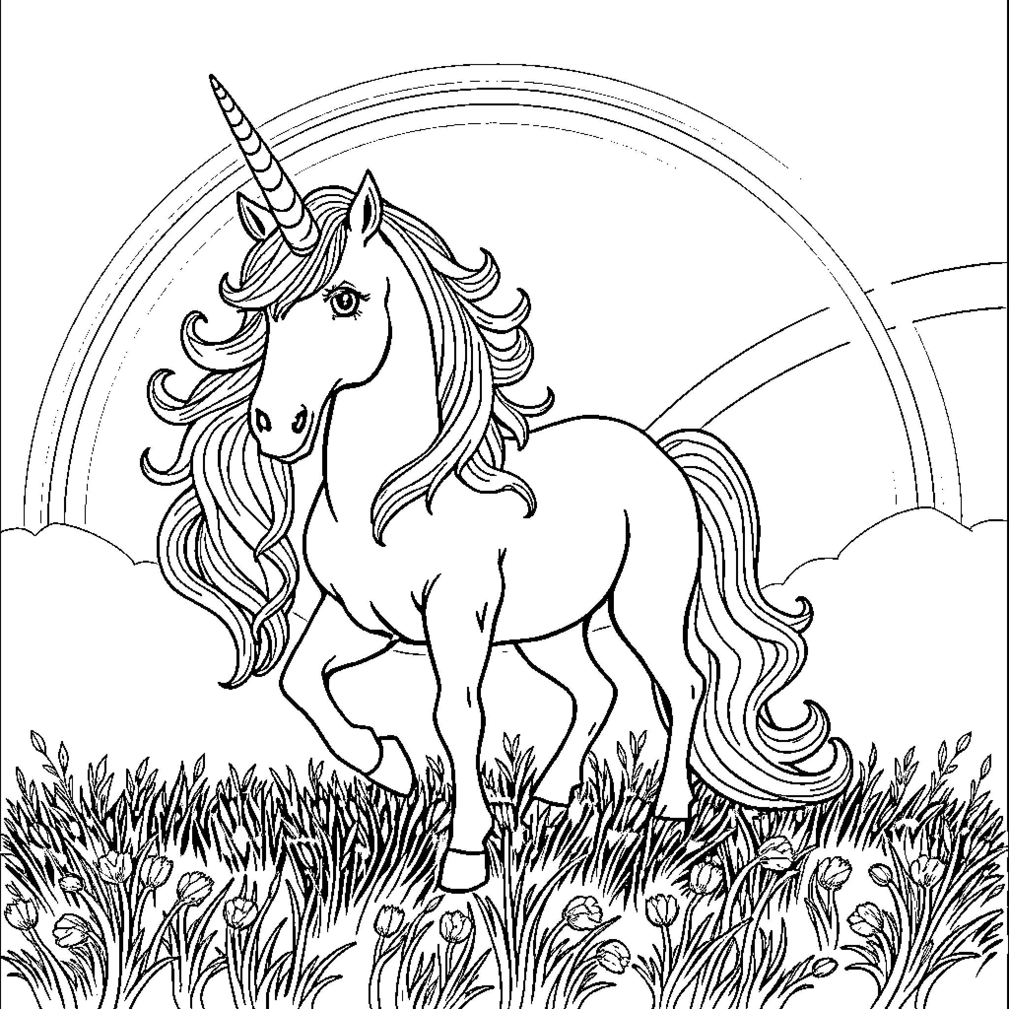 Unicorn standing in a magical field Coloring Page (free black-and-white line drawing printable PDF for all, from beginners to advanced learners, including children, teens, adults, and seniors)