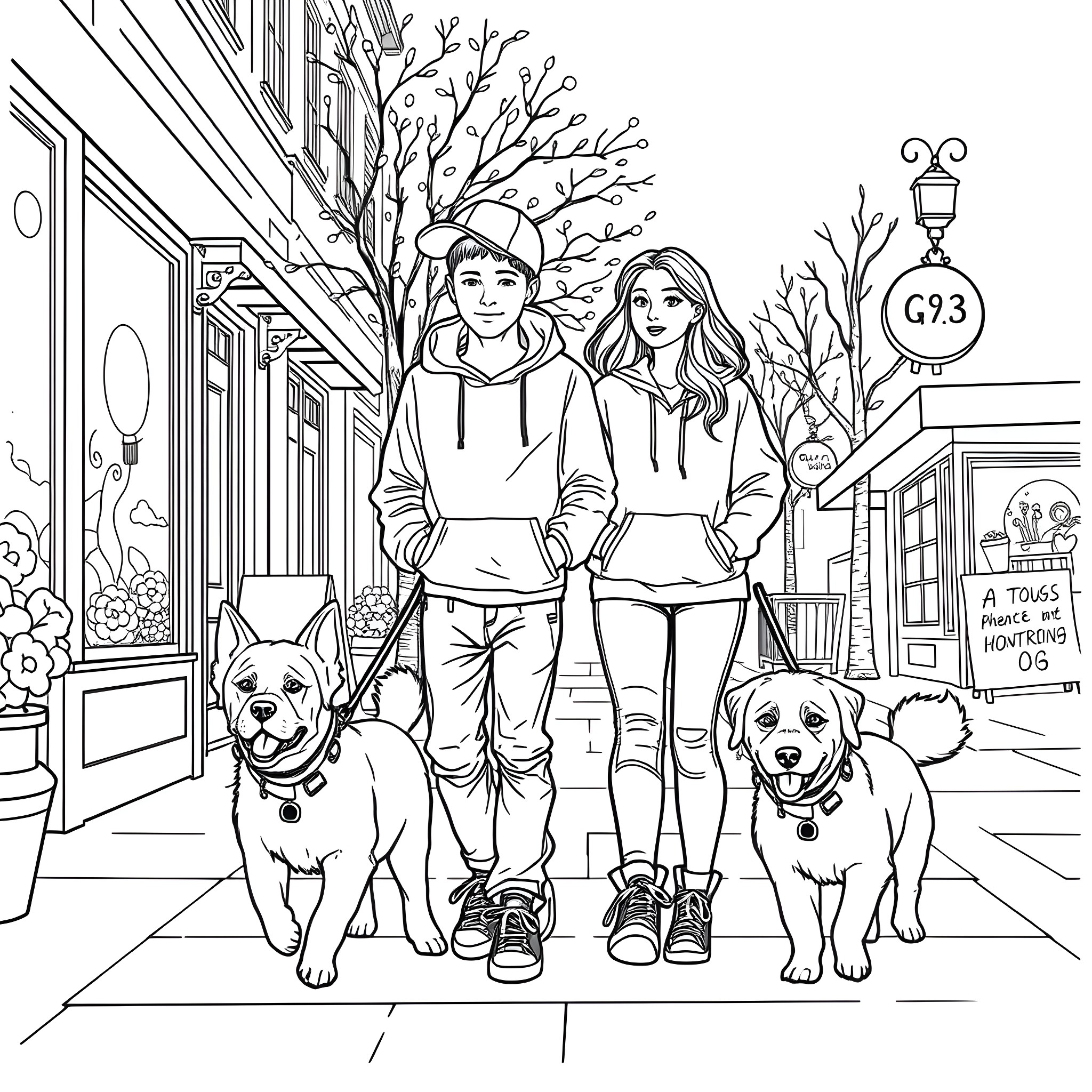 Teen couple walking dogs on urban street Coloring Page (free black-and-white line drawing printable PDF for all, from beginners to advanced learners, including children, teens, adults, and seniors)