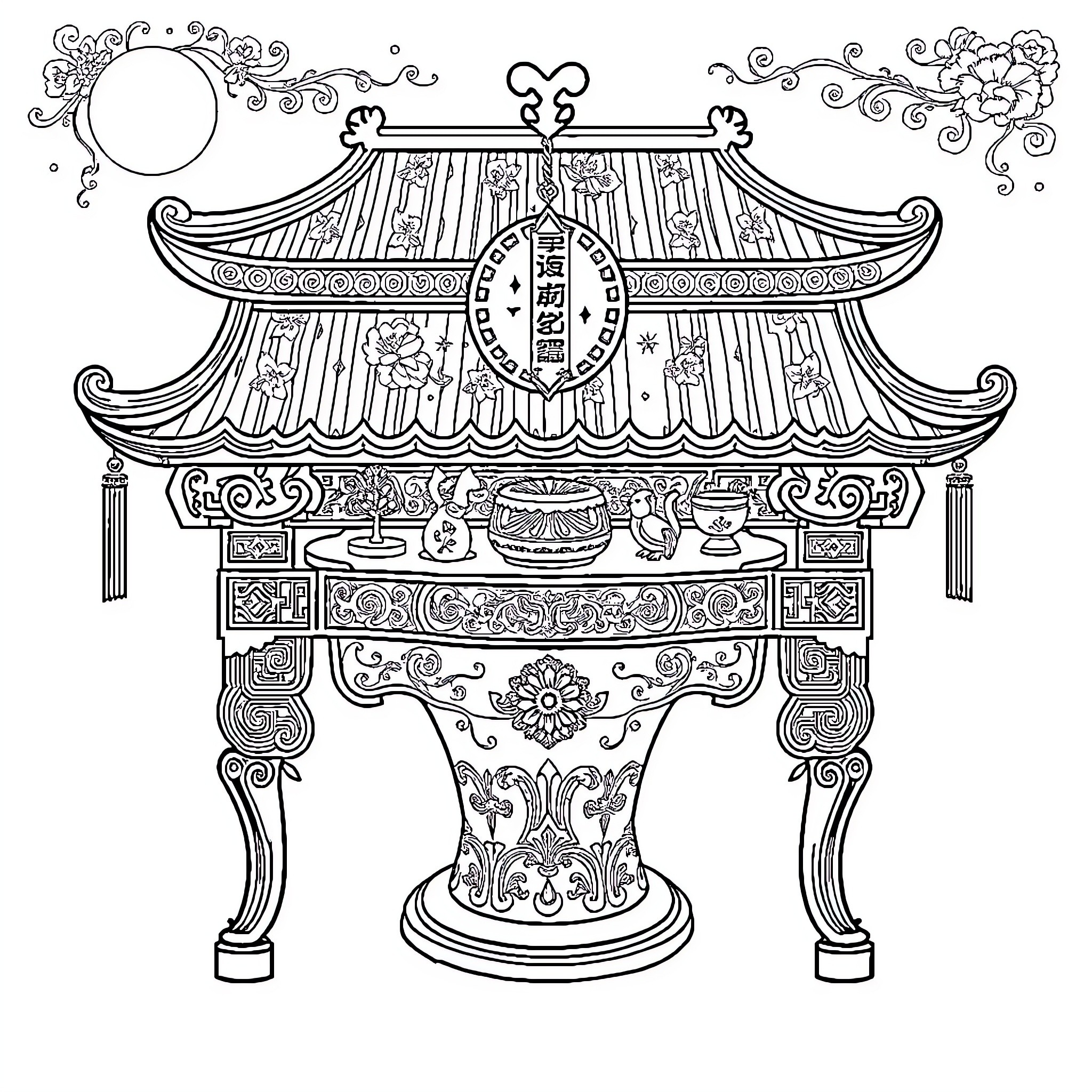 Table with traditional Asian decorative elements Coloring Page (free black-and-white line drawing printable PDF for all, from beginners to advanced learners, including children, teens, adults, and seniors)