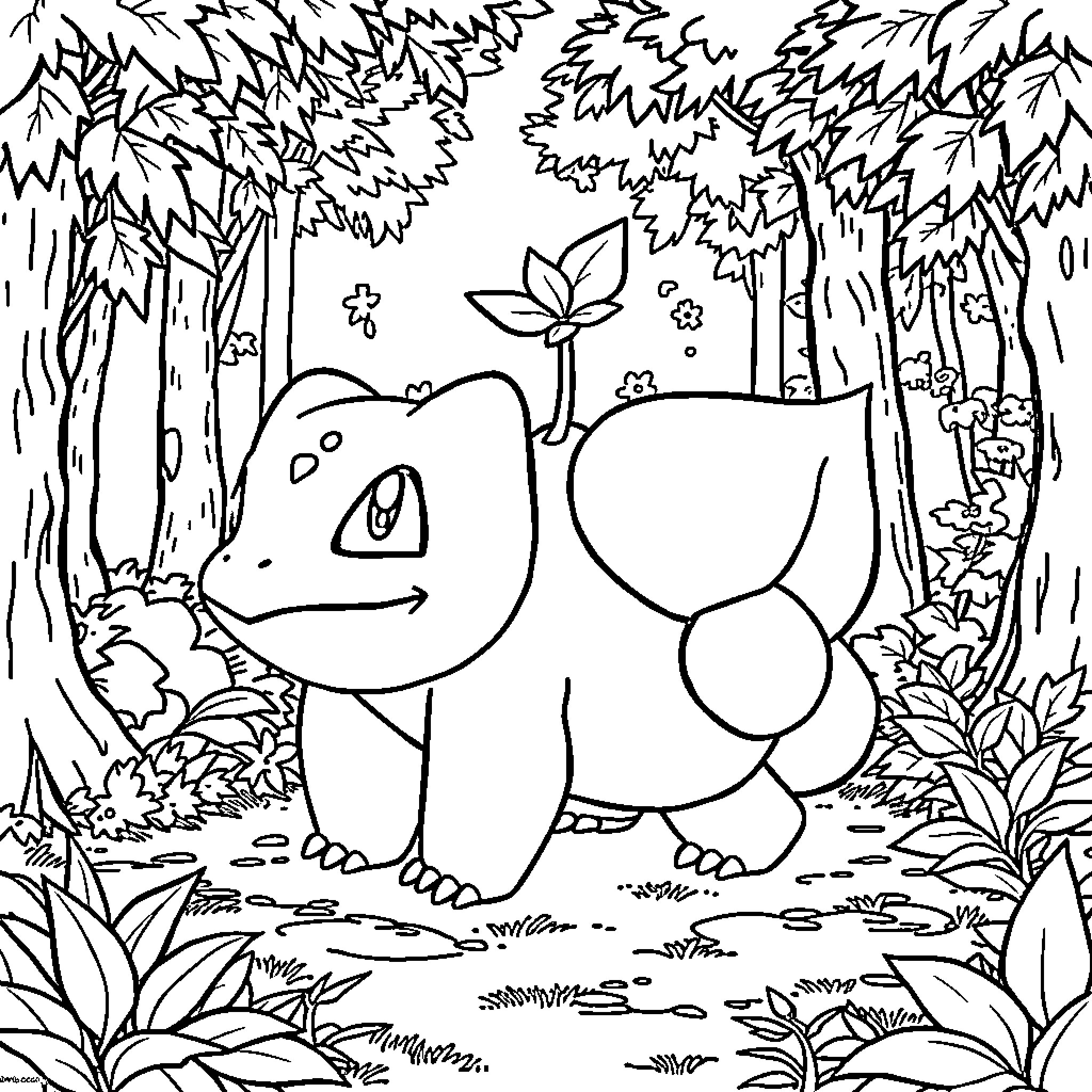 Bulbasaur exploring the enchanting forest Coloring Page (free black-and-white line drawing printable PDF for all, from beginners to advanced learners, including children, teens, adults, and seniors)