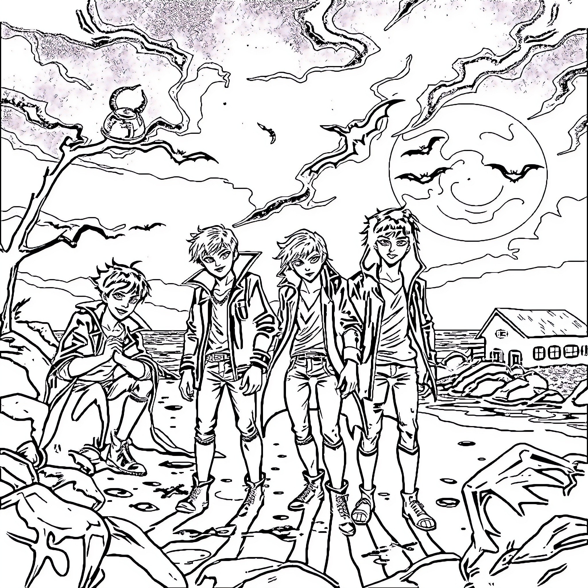 Lost Boy Group Adventure in the Night Coloring Page (free black-and-white line drawing printable PDF for all, from beginners to advanced learners, including children, teens, adults, and seniors)