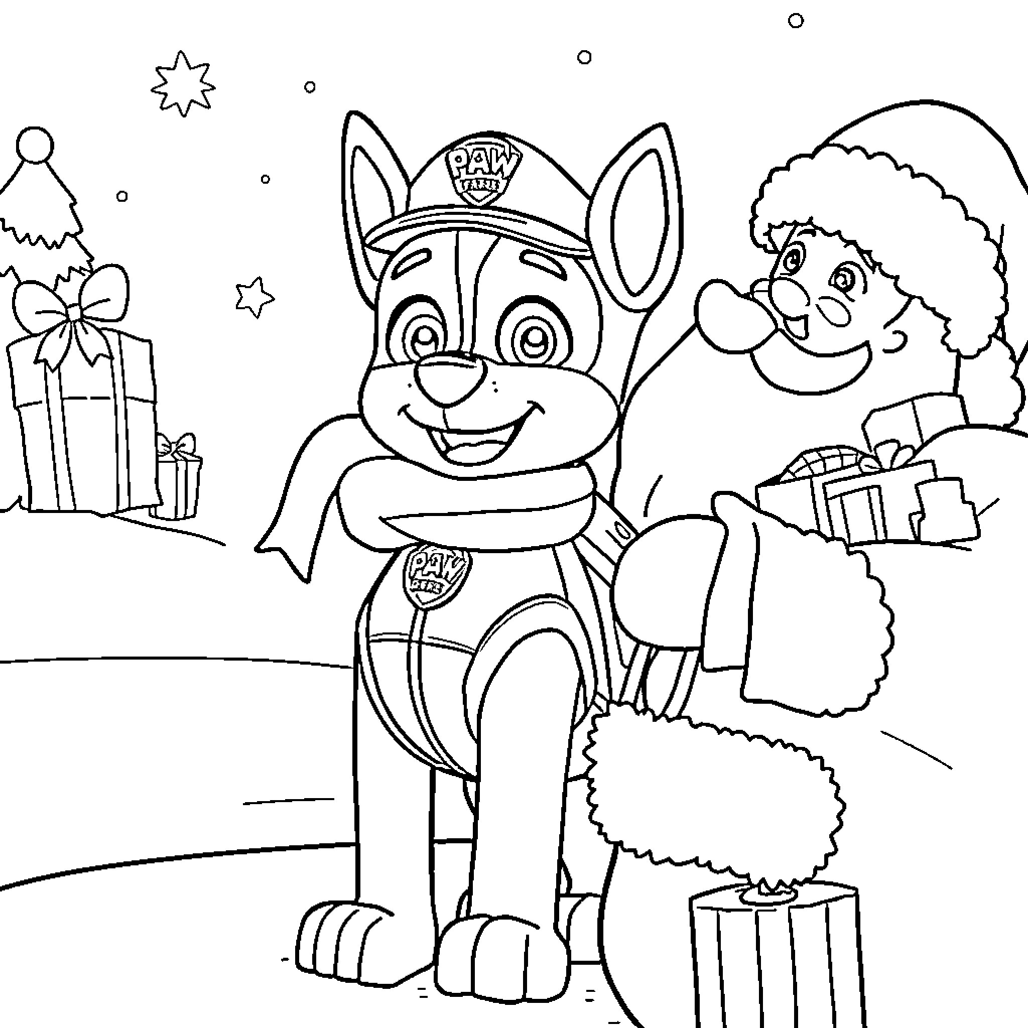 Ryder and Friends Celebrate the Holidays Coloring Page (free black-and-white line drawing printable PDF for all, from beginners to advanced learners, including children, teens, adults, and seniors)