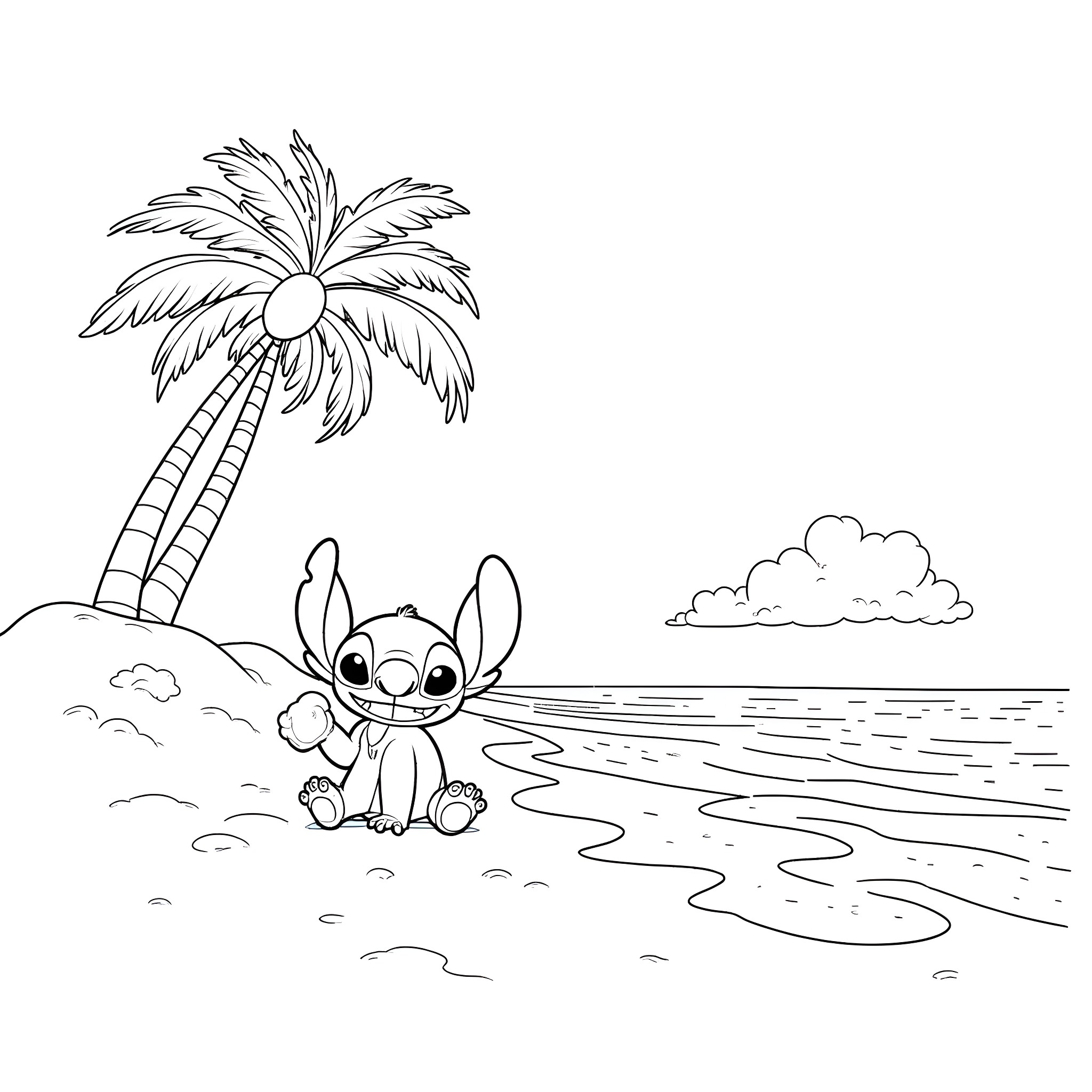 Lilo And Stitch playing on the beach Coloring Page (free black-and-white line drawing printable PDF for all, from beginners to advanced learners, including children, teens, adults, and seniors)