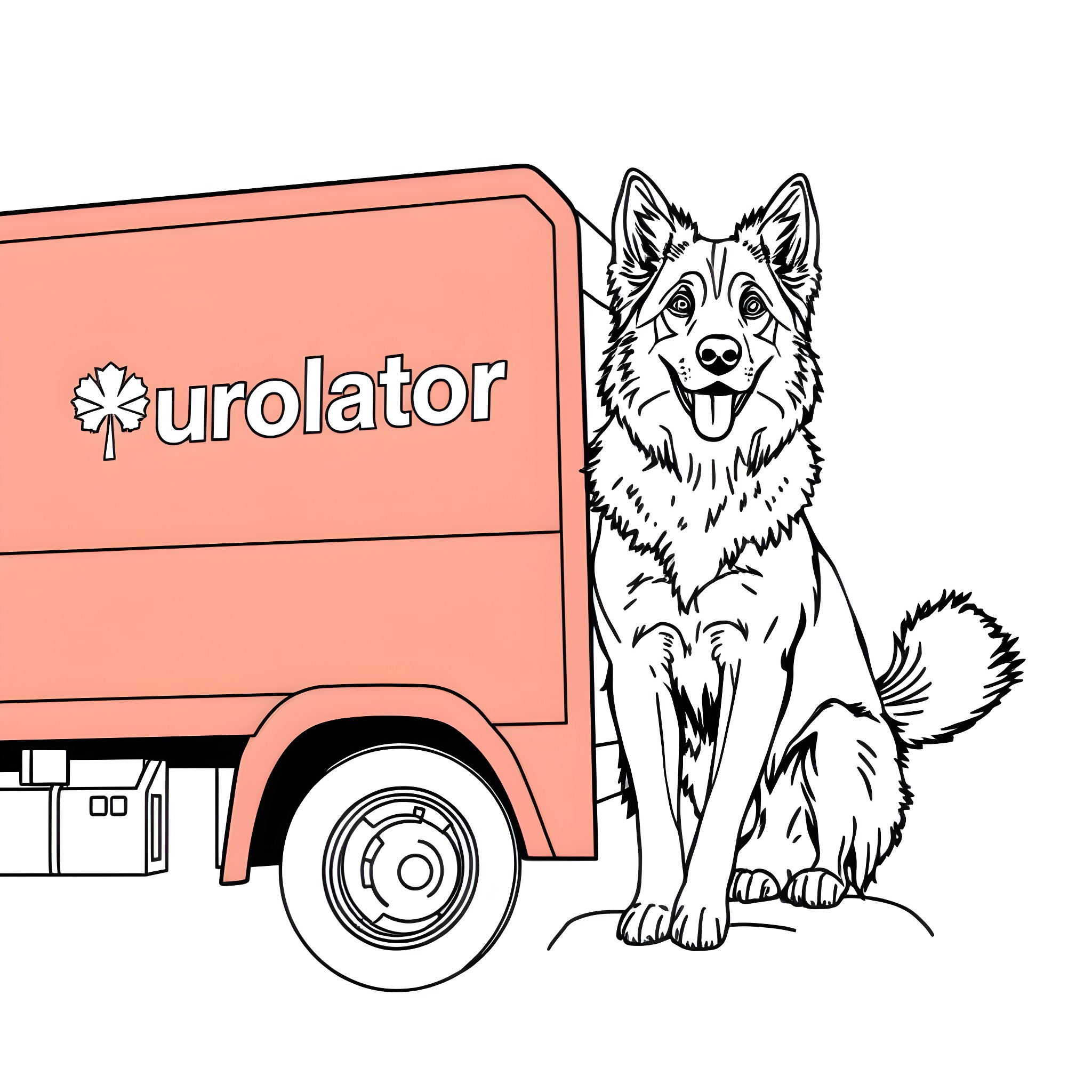 Australian Shepherd Waits by Delivery Truck Coloring Page (free black-and-white line drawing printable PDF for all, from beginners to advanced learners, including children, teens, adults, and seniors)