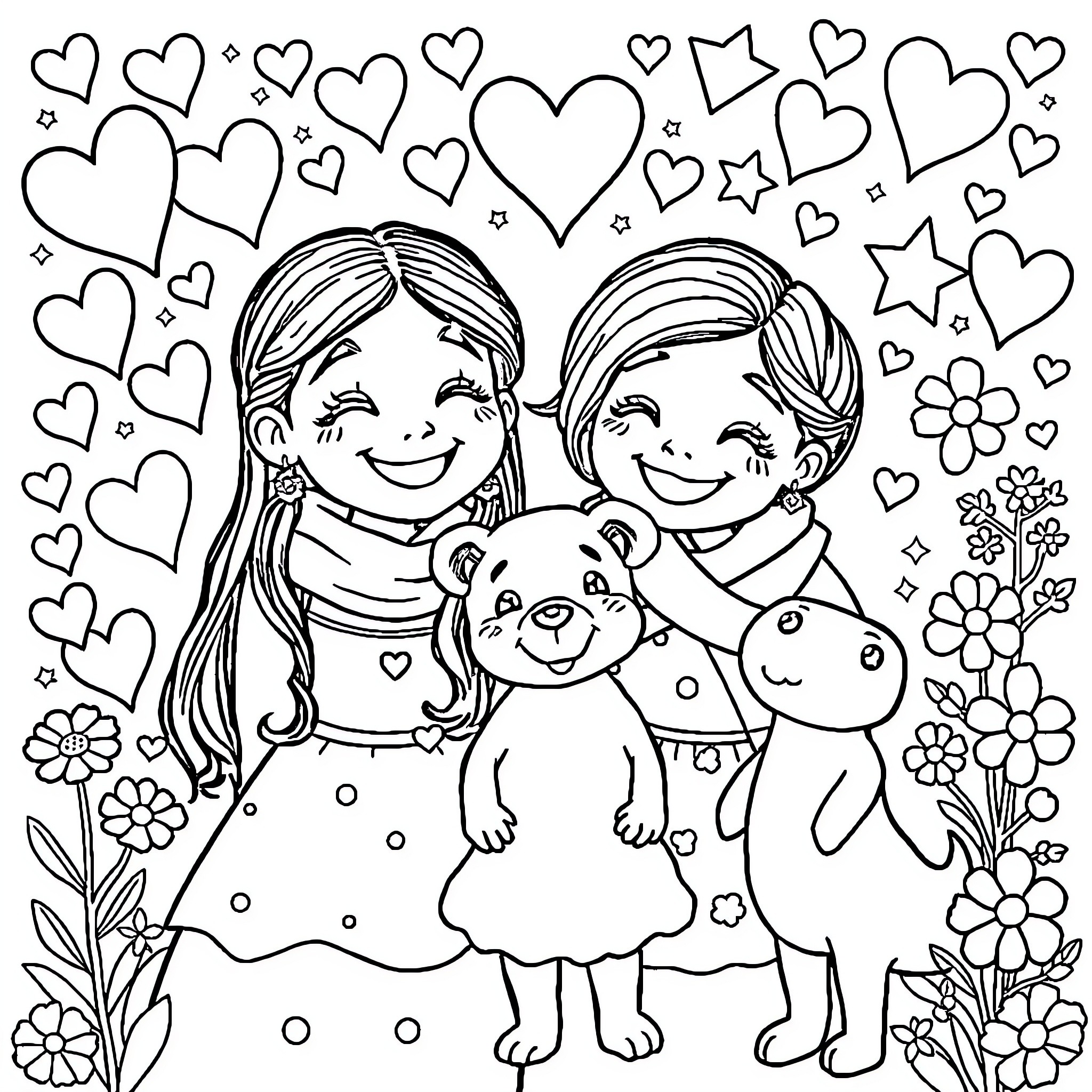 Heart-Warming Embrace: Friends Surrounded by Love Coloring Page (free black-and-white line drawing printable PDF for all, from beginners to advanced learners, including children, teens, adults, and seniors)