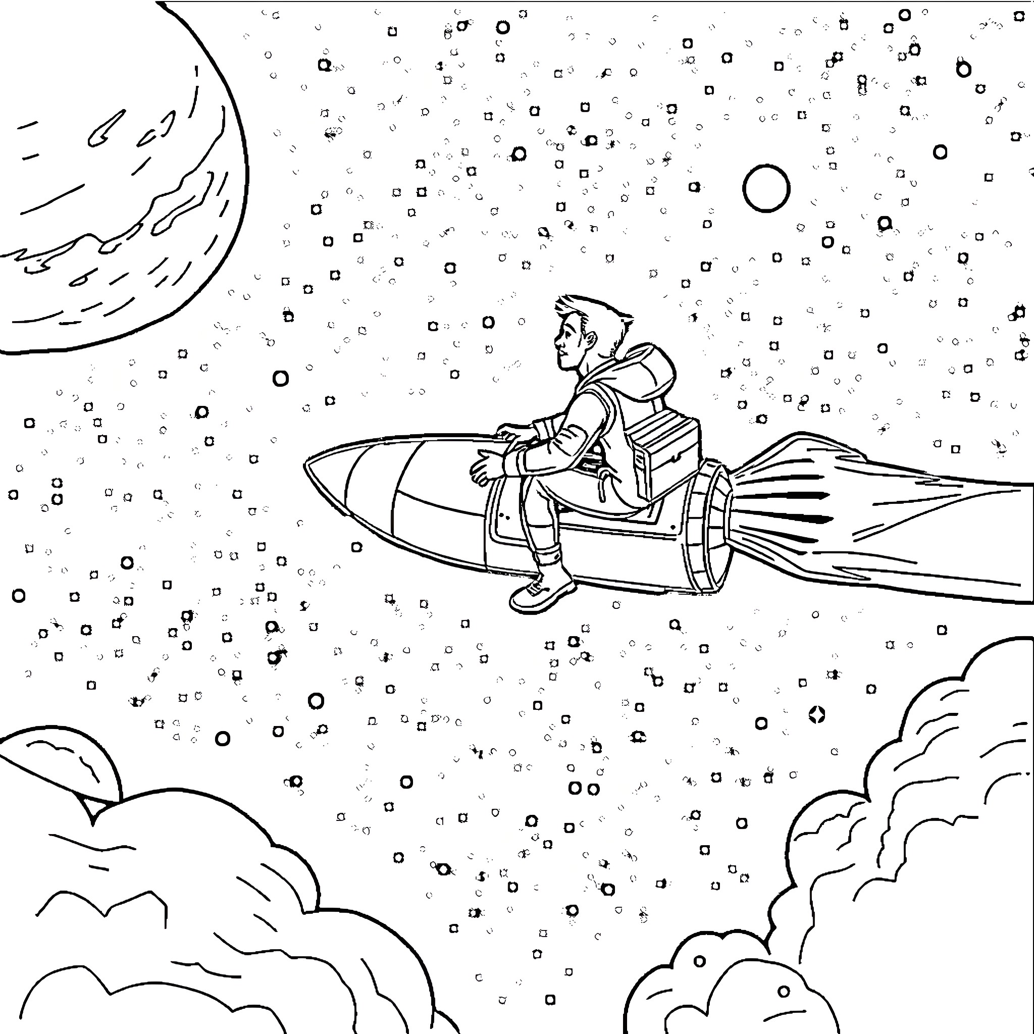 Man riding a rocket ship through the night sky Coloring Page (free black-and-white line drawing printable PDF for all, from beginners to advanced learners, including children, teens, adults, and seniors)