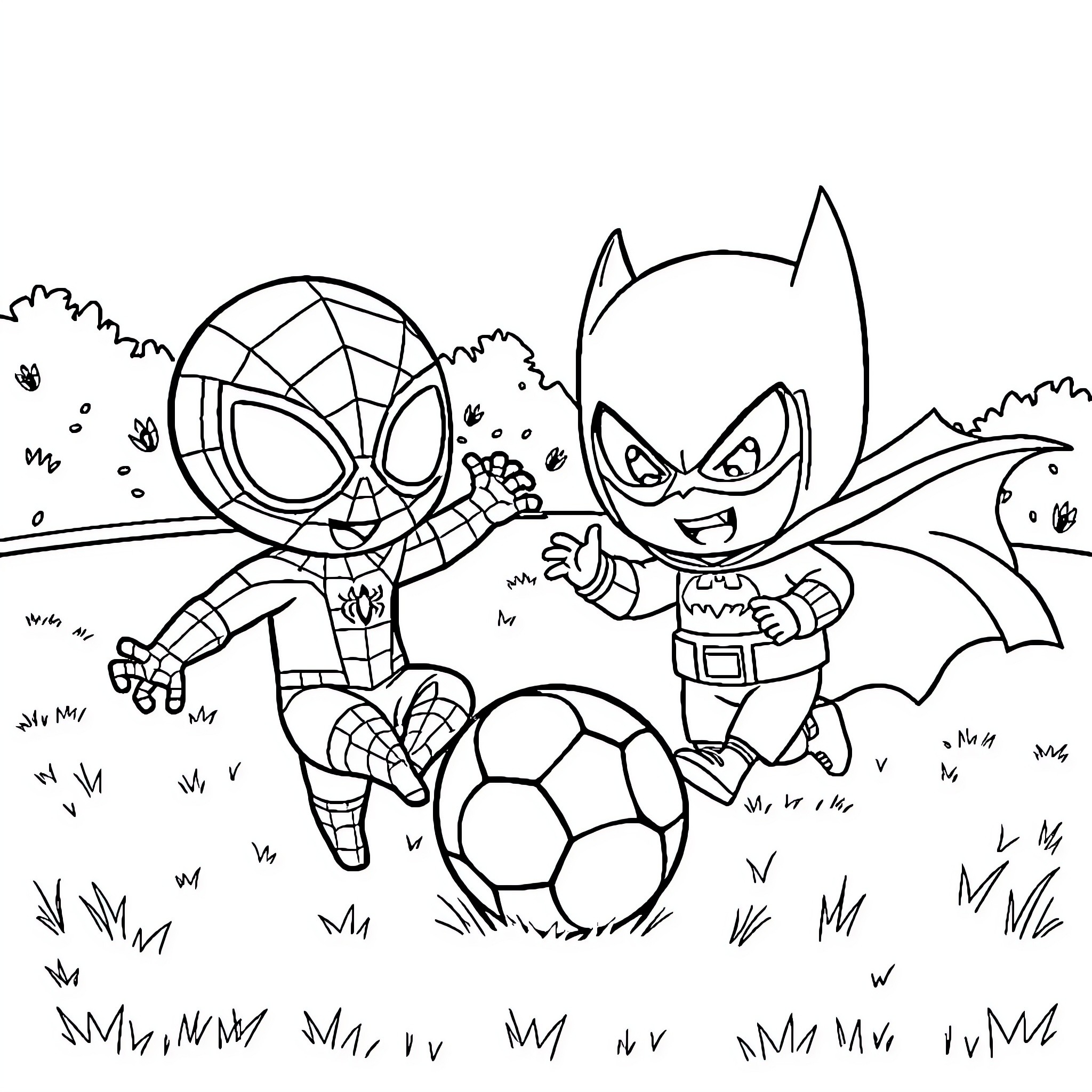 Chibi Superheroes Playing Soccer in the Park Coloring Page (free black-and-white line drawing printable PDF for all, from beginners to advanced learners, including children, teens, adults, and seniors)