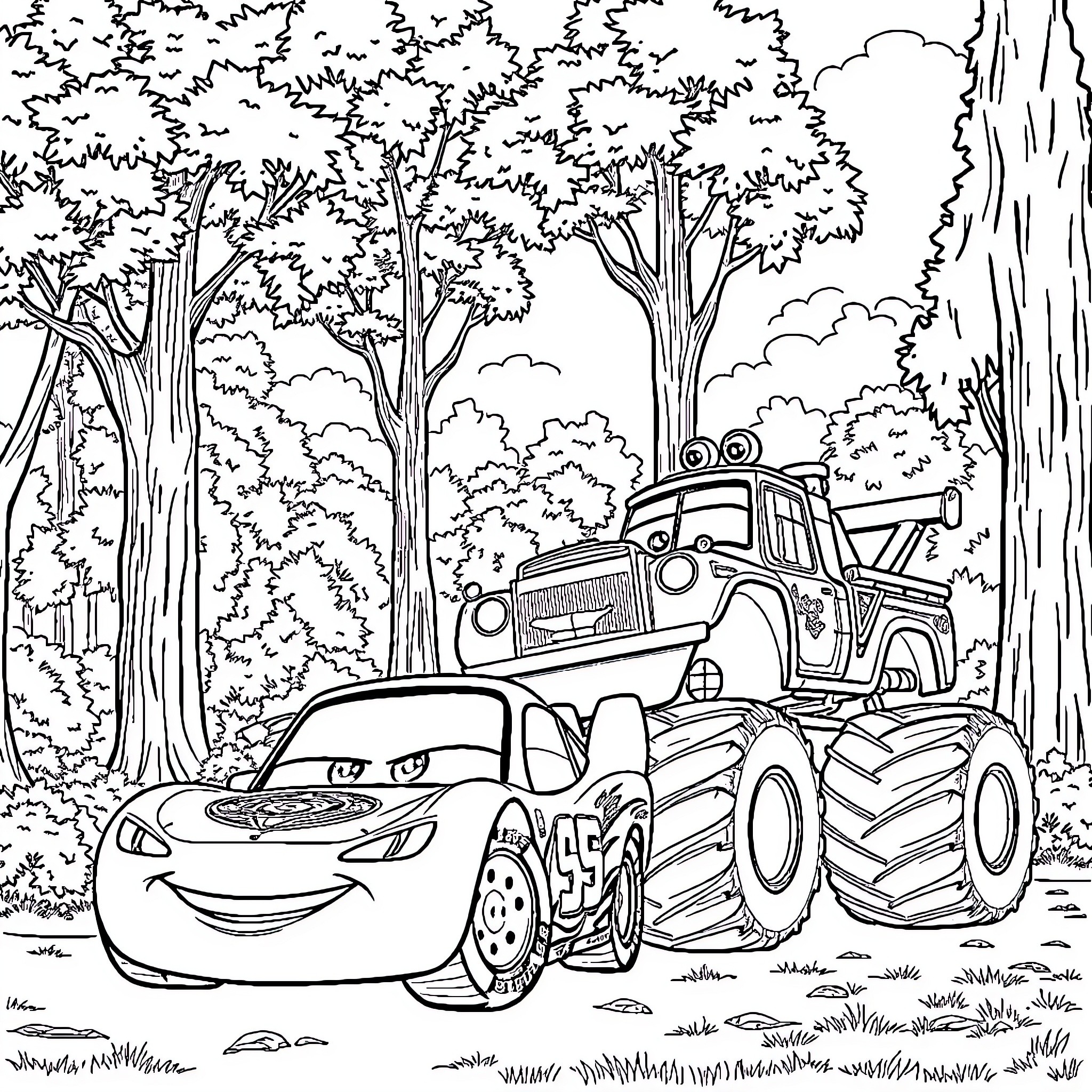 Lightning McQueen navigates the forest with heavy machinery Coloring Page (free black-and-white line drawing printable PDF for all, from beginners to advanced learners, including children, teens, adults, and seniors)