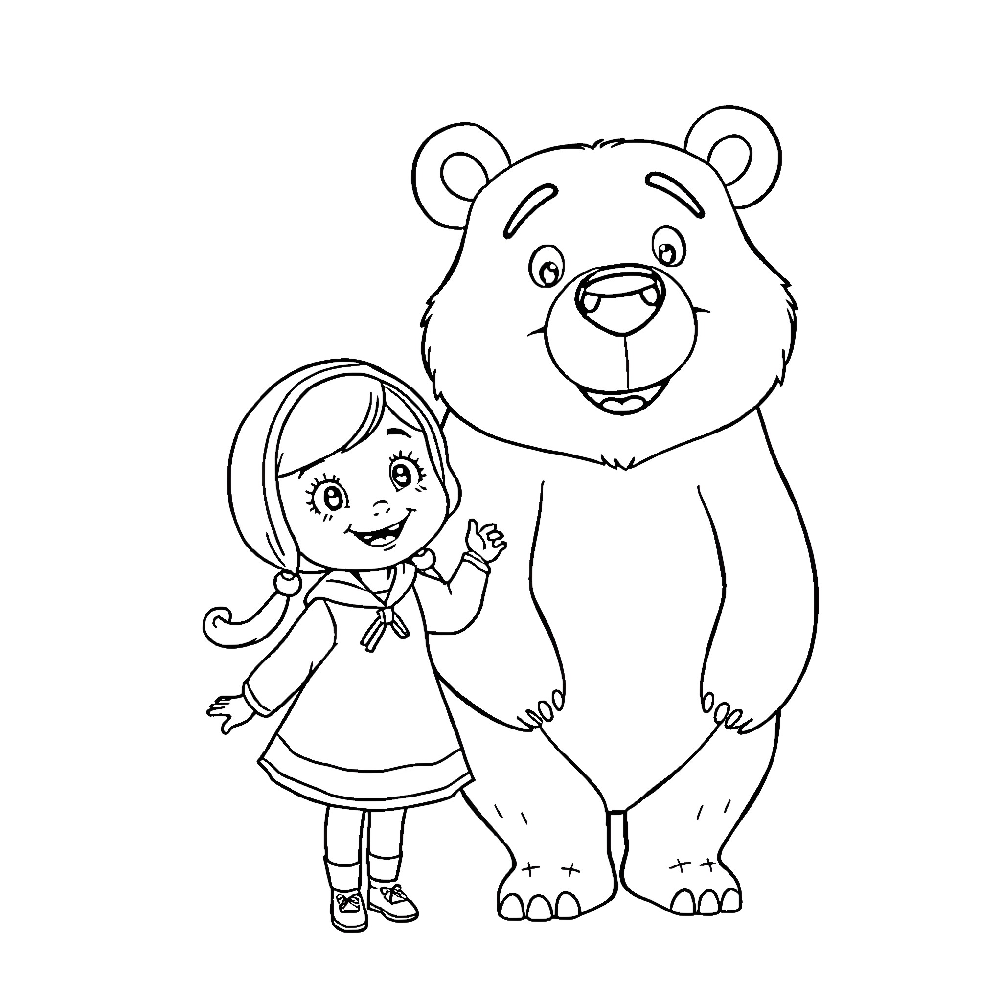 Masha and the Bear playing together Coloring Page (free black-and-white line drawing printable PDF for all, from beginners to advanced learners, including children, teens, adults, and seniors)