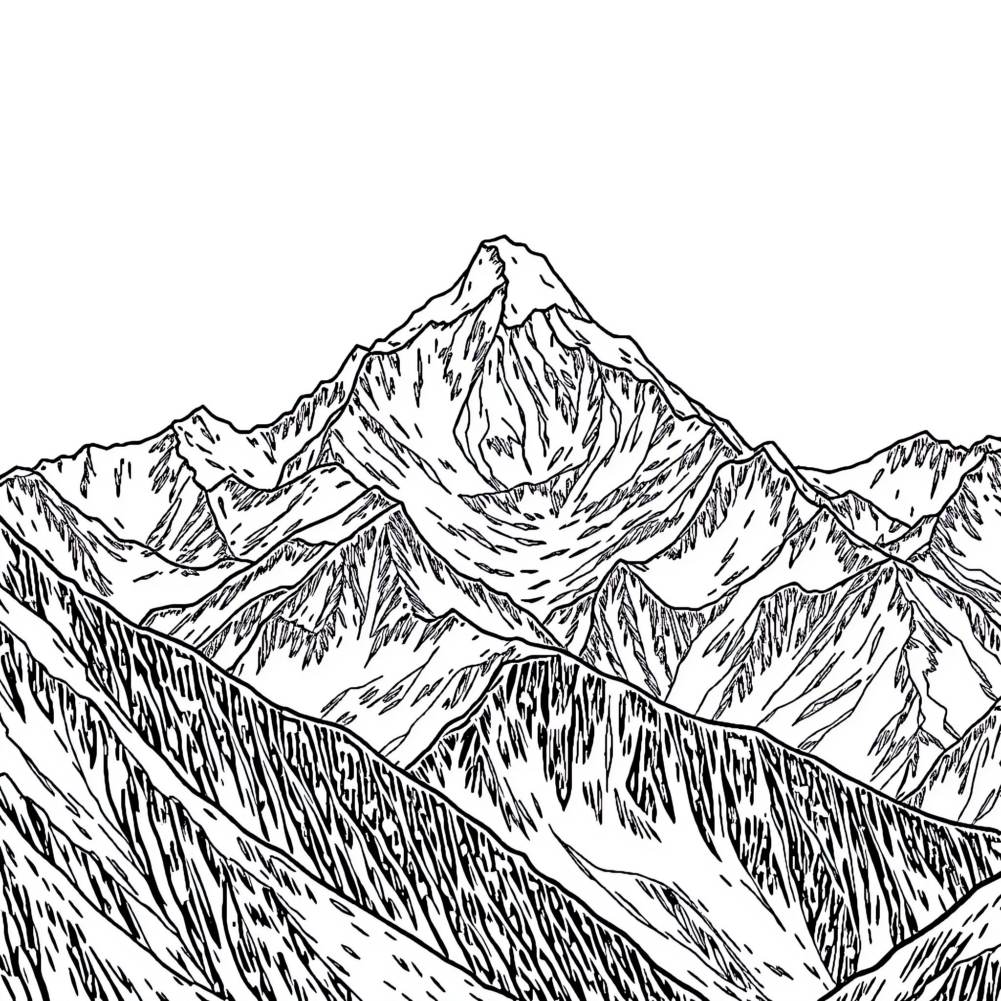 Himalayas majestic mountain landscape Coloring Page (free black-and-white line drawing printable PDF for all, from beginners to advanced learners, including children, teens, adults, and seniors)
