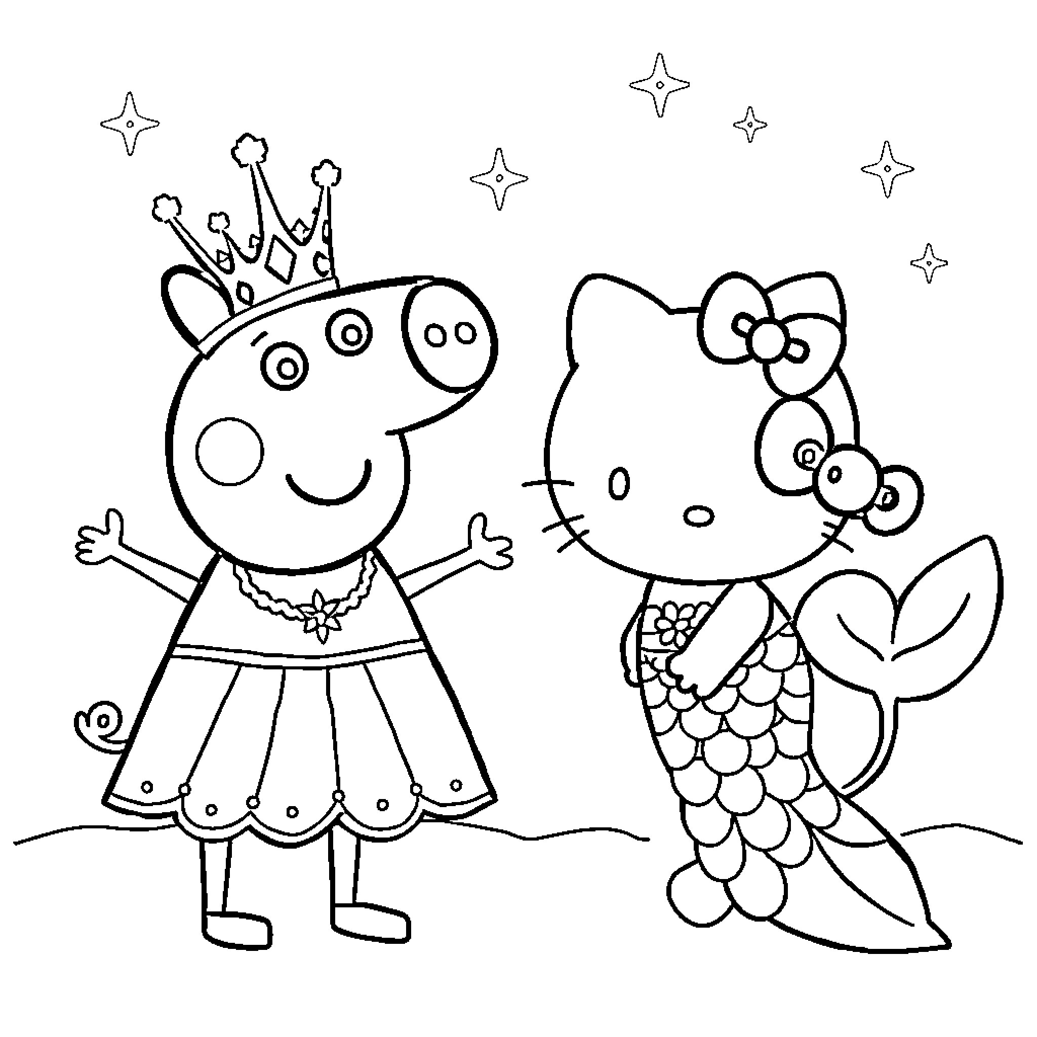 Peppa Pig and Hello Kitty playing in a fantasy world Coloring Page (free black-and-white line drawing printable PDF for all, from beginners to advanced learners, including children, teens, adults, and seniors)