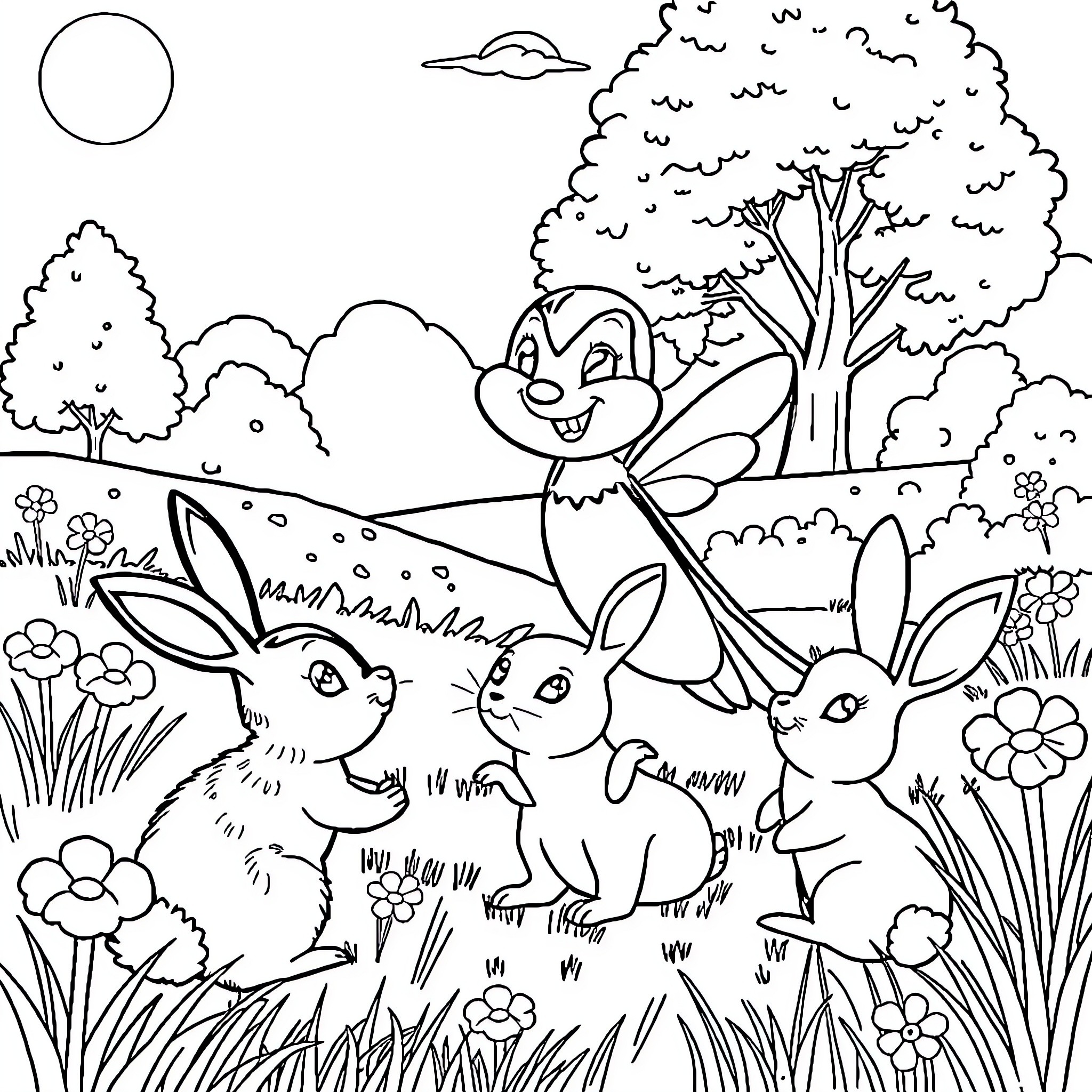 Stella's Playful Encounter with Woodland Critters Coloring Page (free black-and-white line drawing printable PDF for all, from beginners to advanced learners, including children, teens, adults, and seniors)
