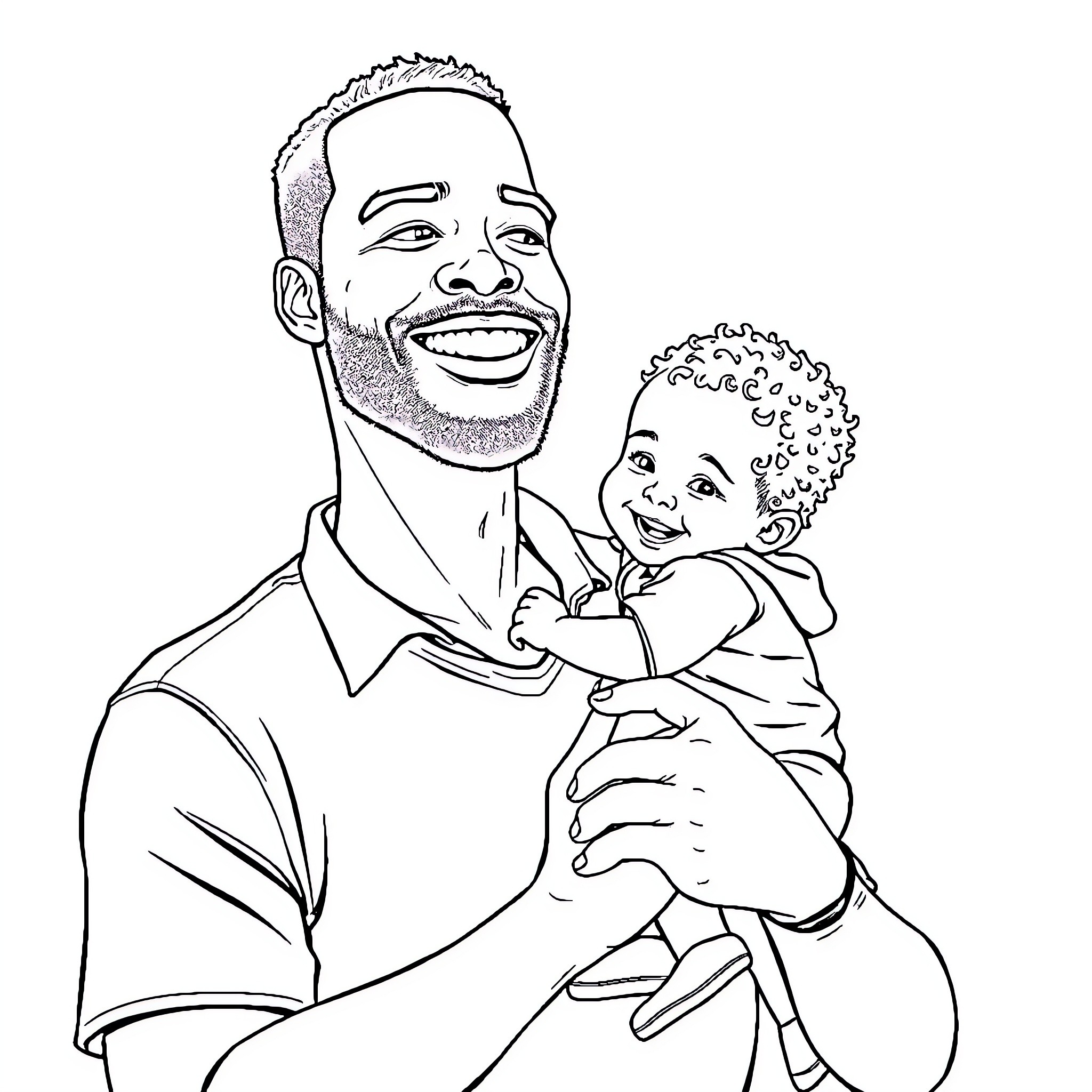 Man holding and smiling with young child Coloring Page (free black-and-white line drawing printable PDF for all, from beginners to advanced learners, including children, teens, adults, and seniors)