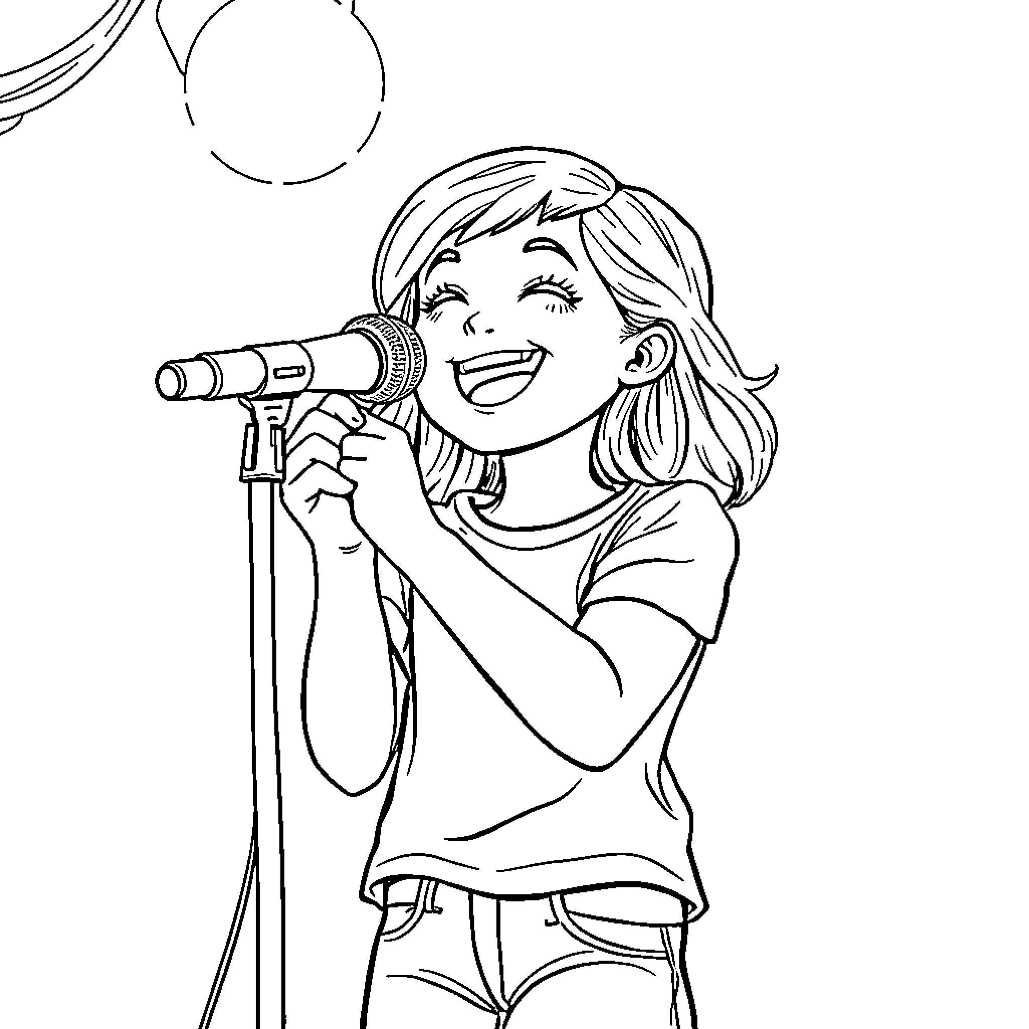Girl singing into a microphone with enthusiasm Coloring Page (free black-and-white line drawing printable PDF for all, from beginners to advanced learners, including children, teens, adults, and seniors)