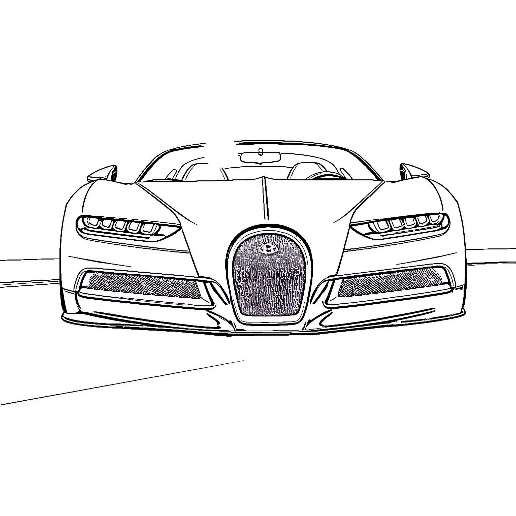 Bugatti sports car in motion on road Coloring Page (free black-and-white line drawing printable PDF for all, from beginners to advanced learners, including children, teens, adults, and seniors)