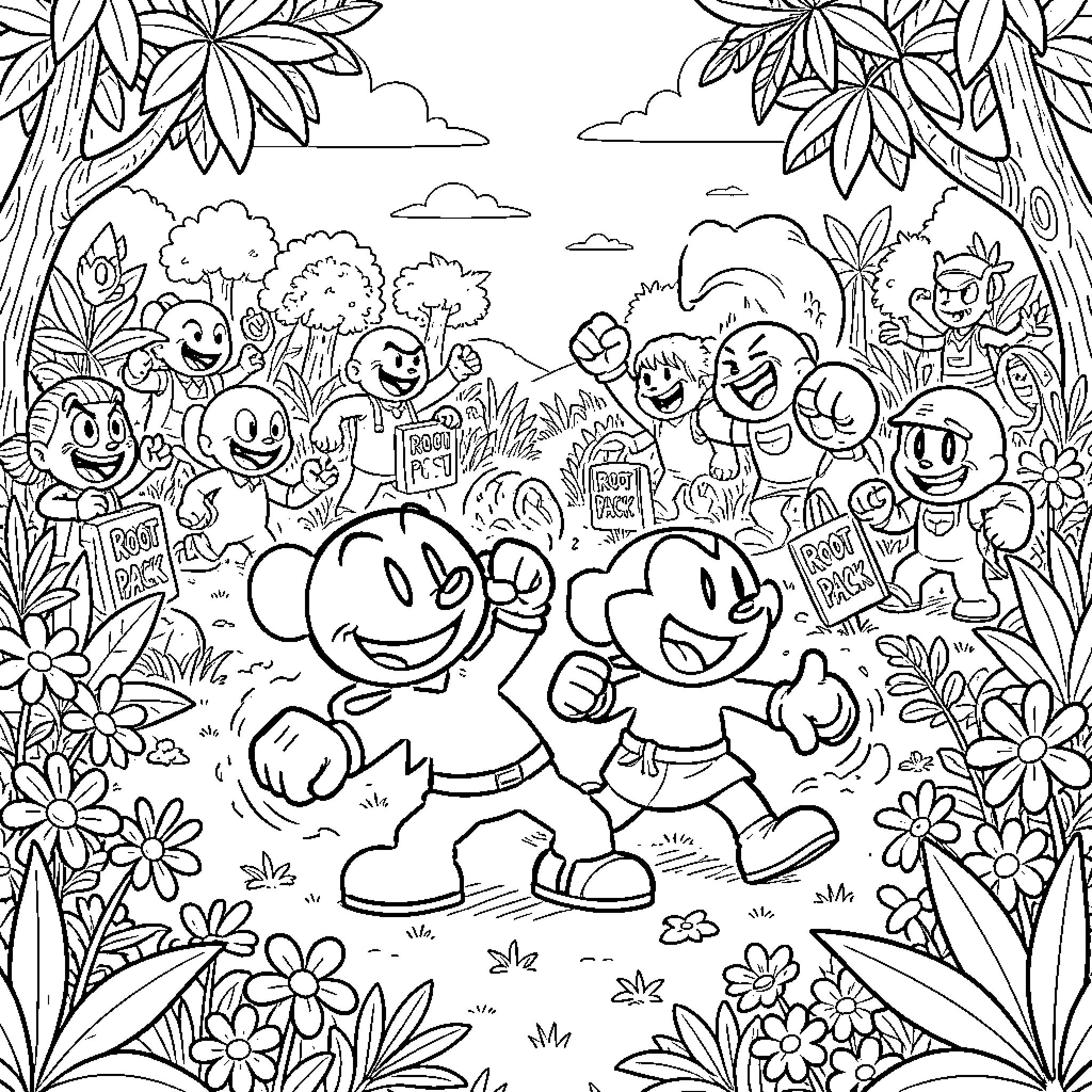 Cuphead characters in a whimsical forest scene Coloring Page (free black-and-white line drawing printable PDF for all, from beginners to advanced learners, including children, teens, adults, and seniors)