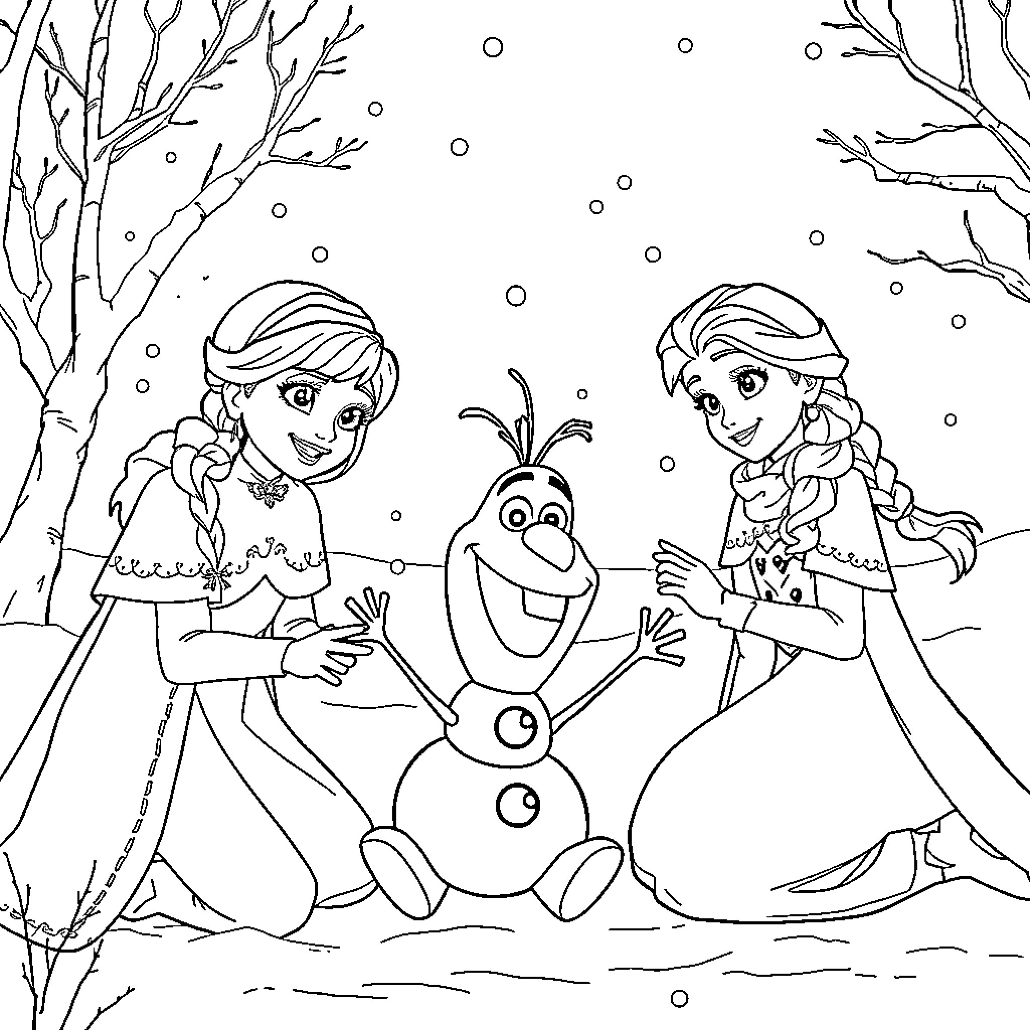 Anna and Elsa Build a Snowman Together Coloring Page (free black-and-white line drawing printable PDF for all, from beginners to advanced learners, including children, teens, adults, and seniors)
