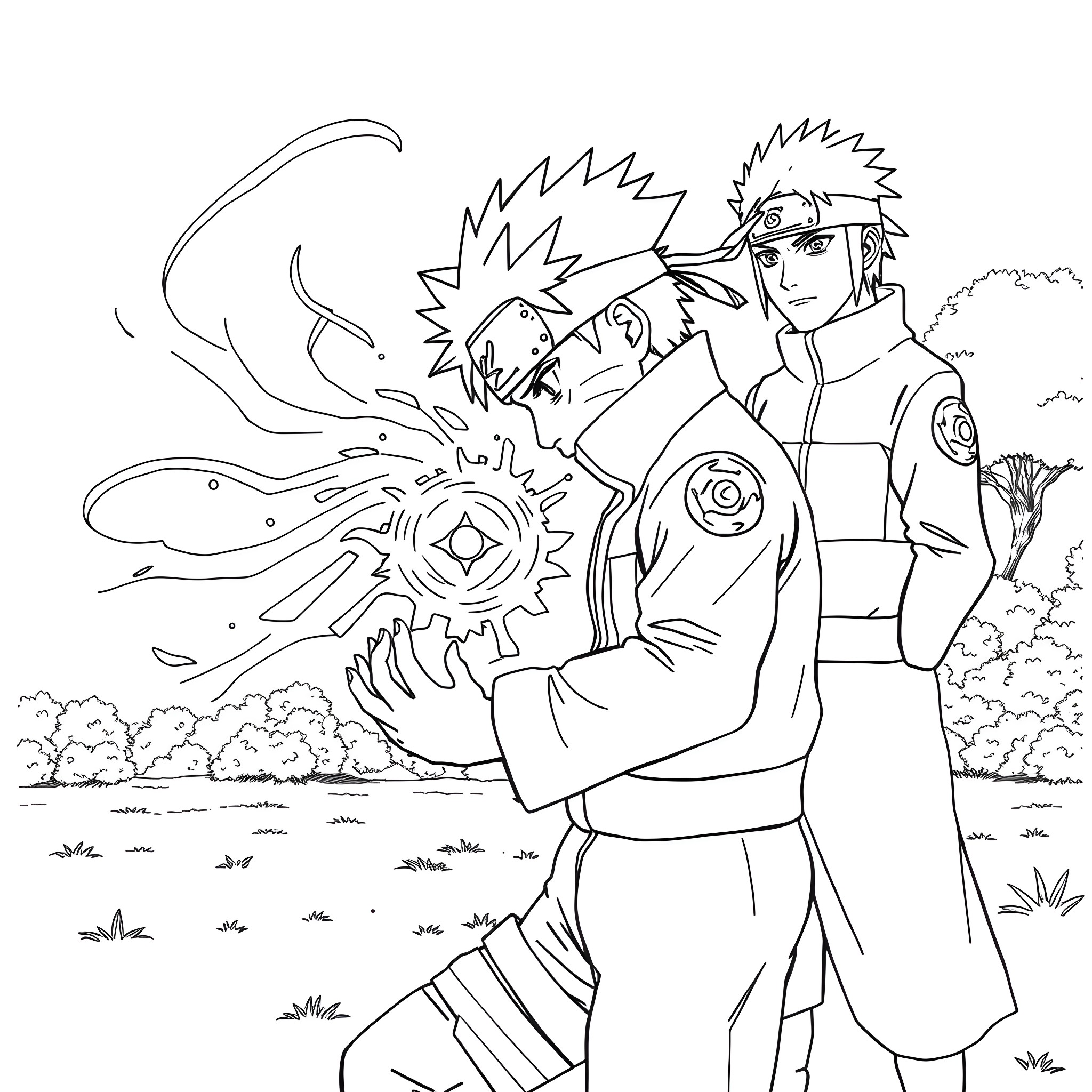 Naruto Characters Showcasing Ninja Techniques Coloring Page (free black-and-white line drawing printable PDF for all, from beginners to advanced learners, including children, teens, adults, and seniors)