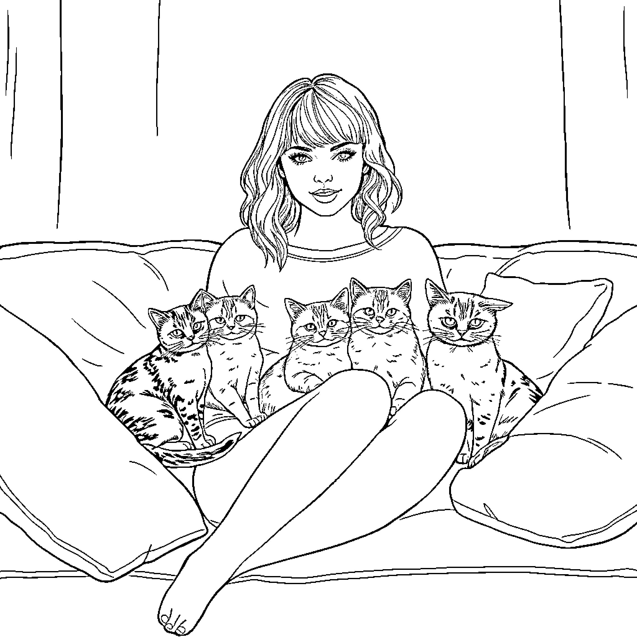 Taylor Swift cozying up with her feline friends Coloring Page (free black-and-white line drawing printable PDF for all, from beginners to advanced learners, including children, teens, adults, and seniors)