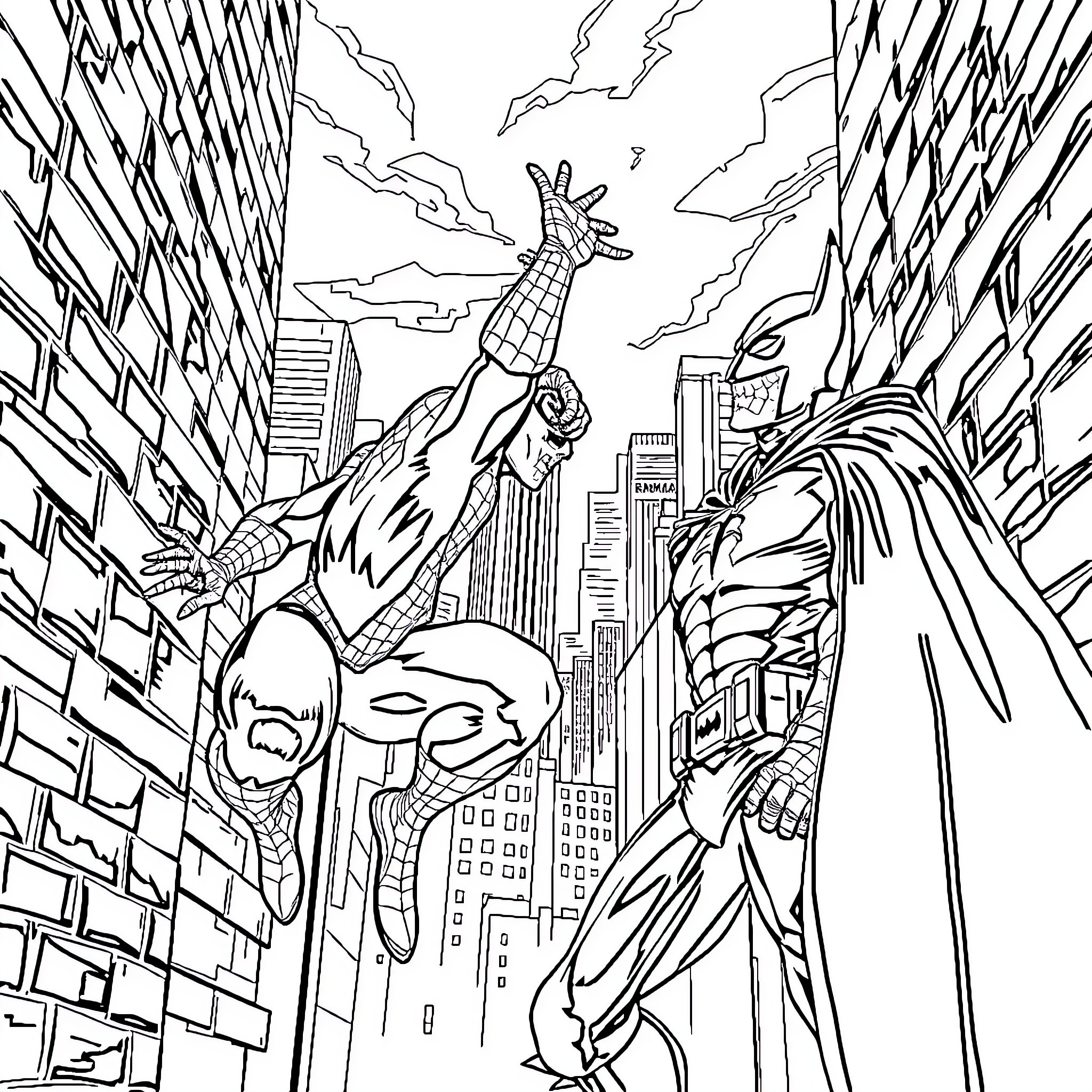 Superhero battle in the city skyline Coloring Page (free black-and-white line drawing printable PDF for all, from beginners to advanced learners, including children, teens, adults, and seniors)