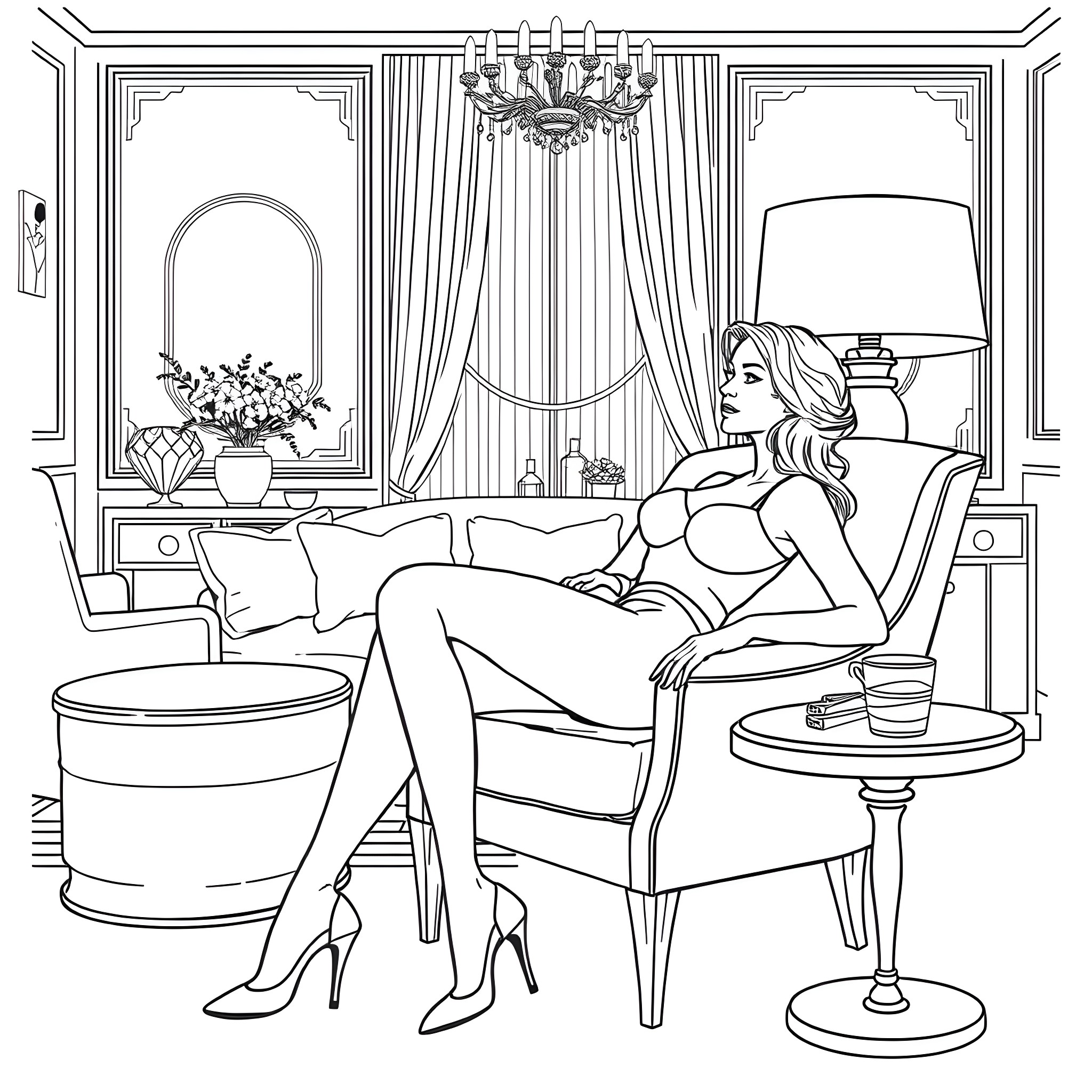 Woman relaxing in luxurious living room Coloring Page (free black-and-white line drawing printable PDF for all, from beginners to advanced learners, including children, teens, adults, and seniors)