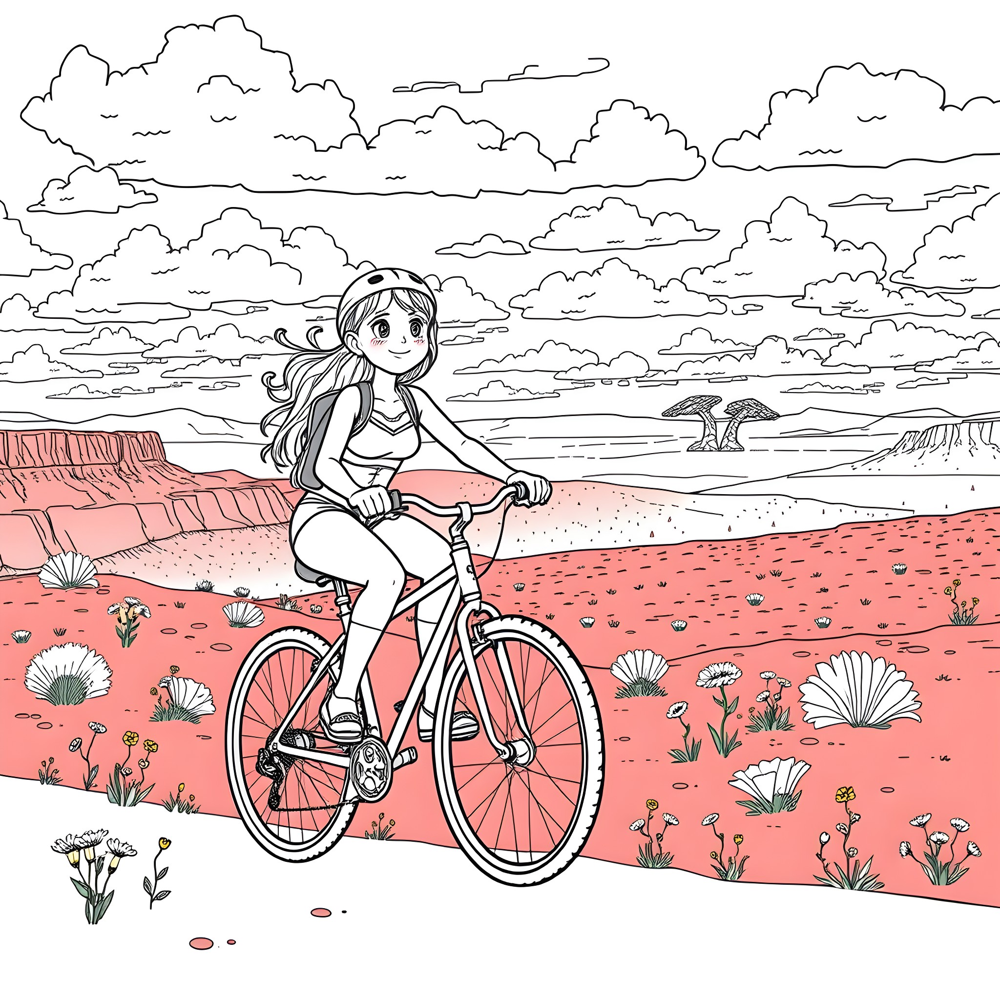 Bluey's Cycling Adventure in the Desert Landscape Coloring Page (free black-and-white line drawing printable PDF for all, from beginners to advanced learners, including children, teens, adults, and seniors)