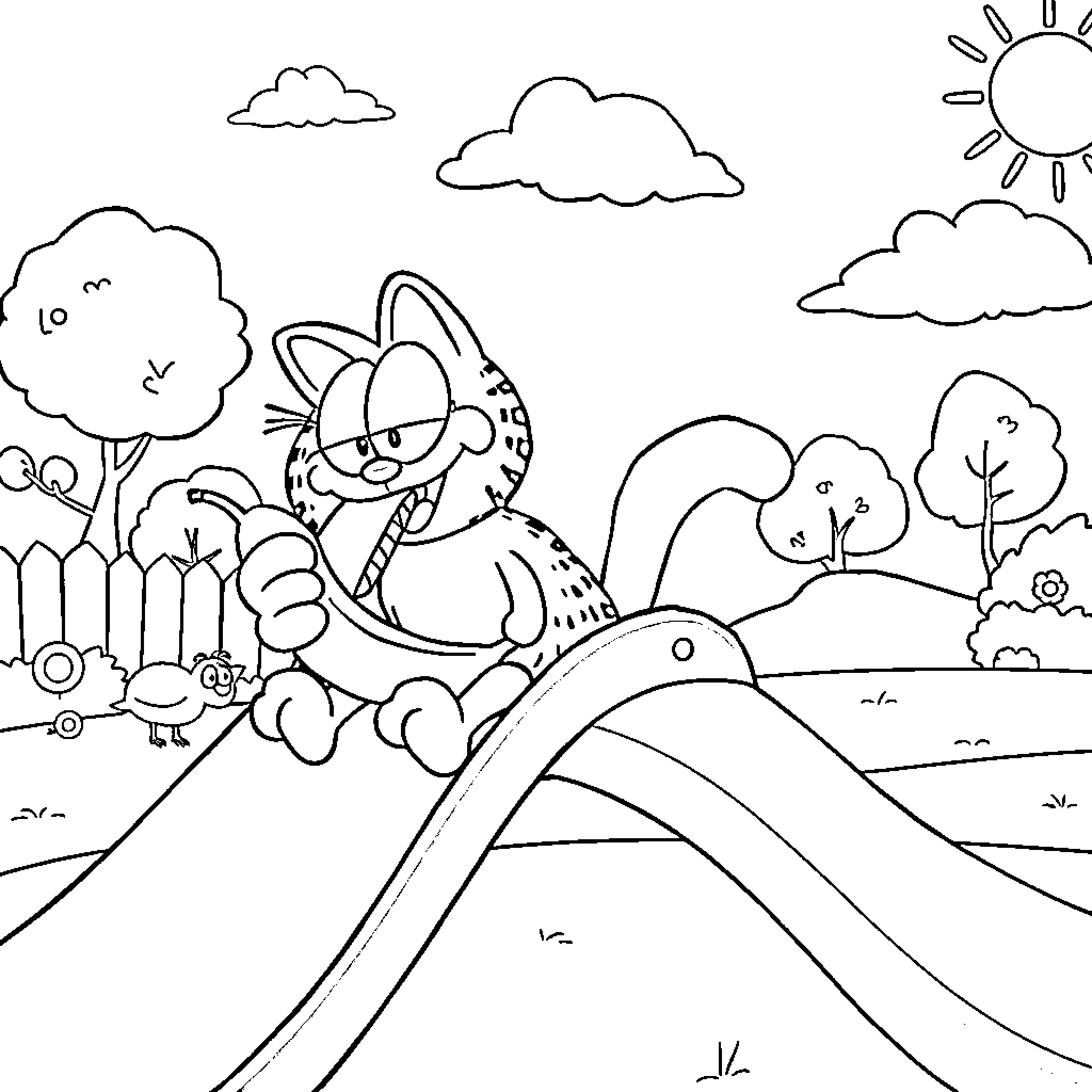 Garfield playing in the countryside Coloring Page (free black-and-white line drawing printable PDF for all, from beginners to advanced learners, including children, teens, adults, and seniors)